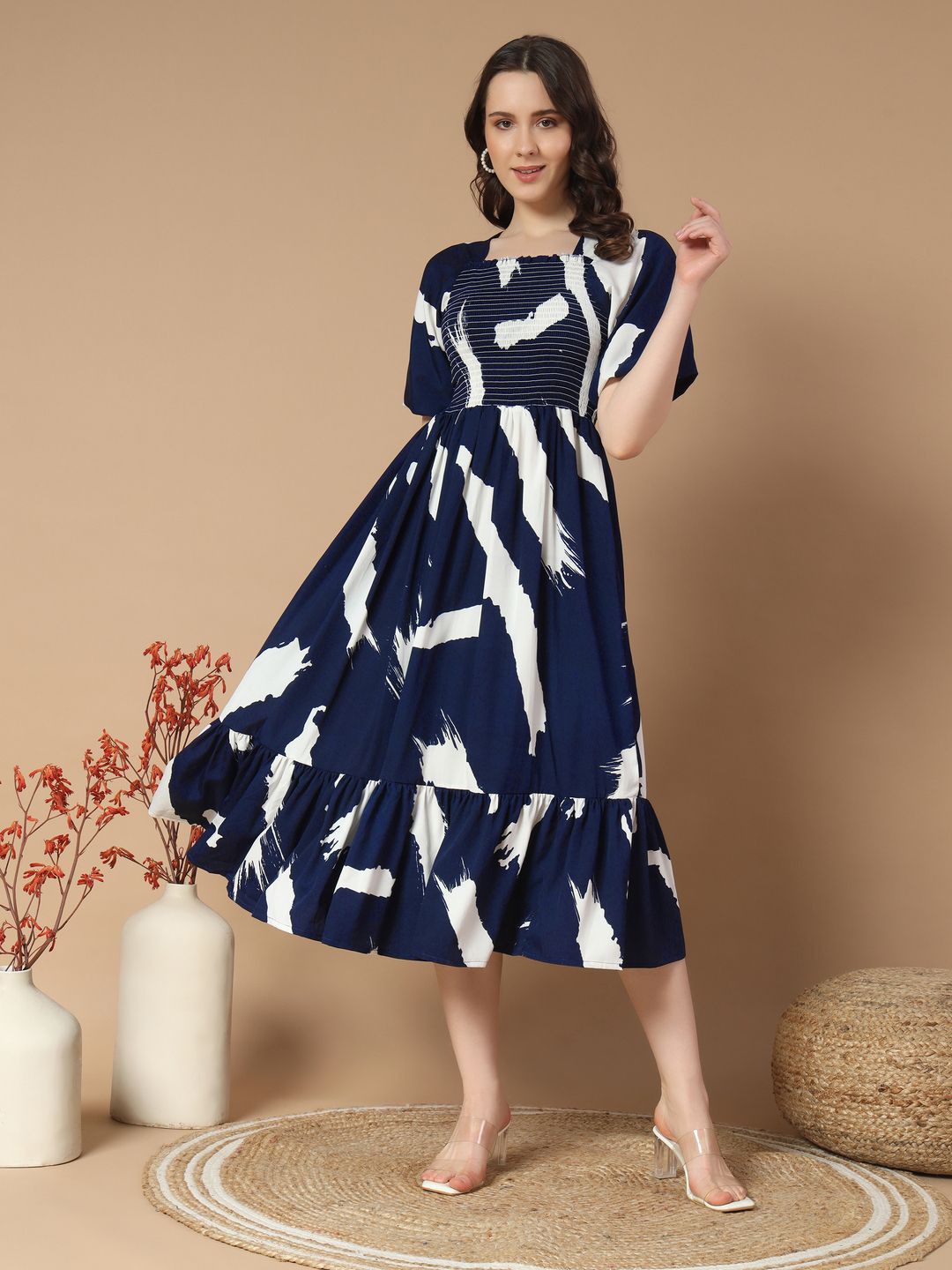

ZWERLON Print Puff Sleeve Applique A-Line Midi Dress, Navy blue