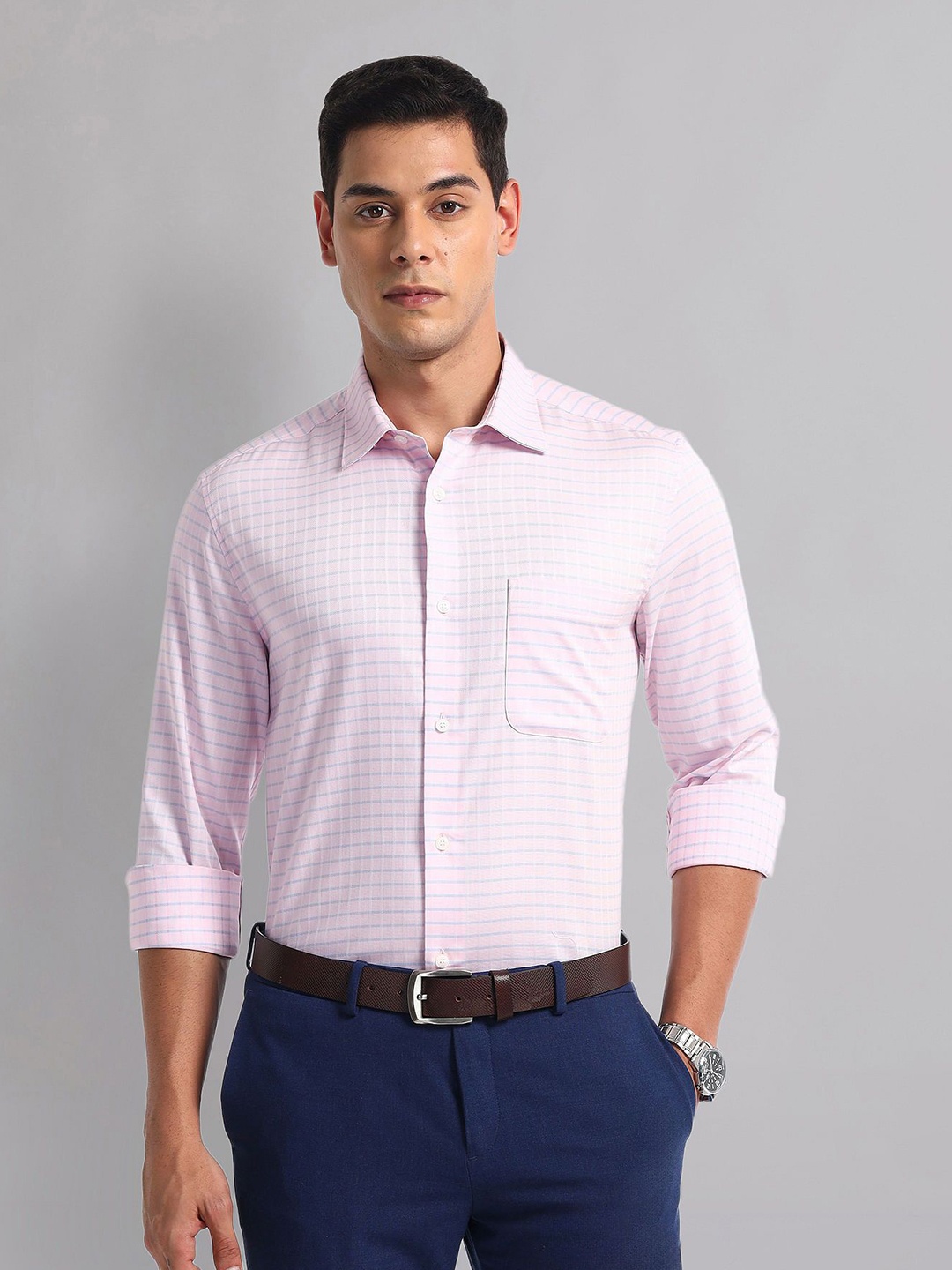 

AD By Arvind Men Spread Collar Grid Tattersall Checked Cotton Casual Shirt, Pink