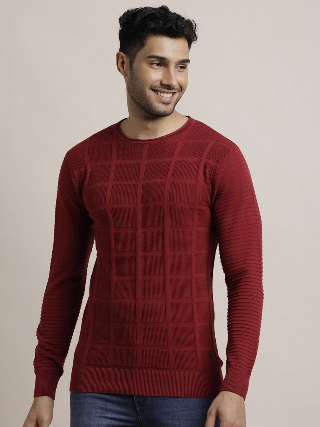 

Turtle Men Checked Round Neck Pullover, Red