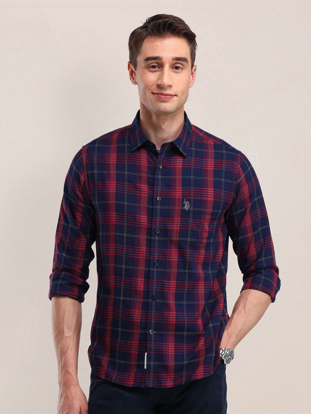 

U.S. Polo Assn. Men Classic Cutaway Collar Tartan Checked Cotton Formal Shirt, Red