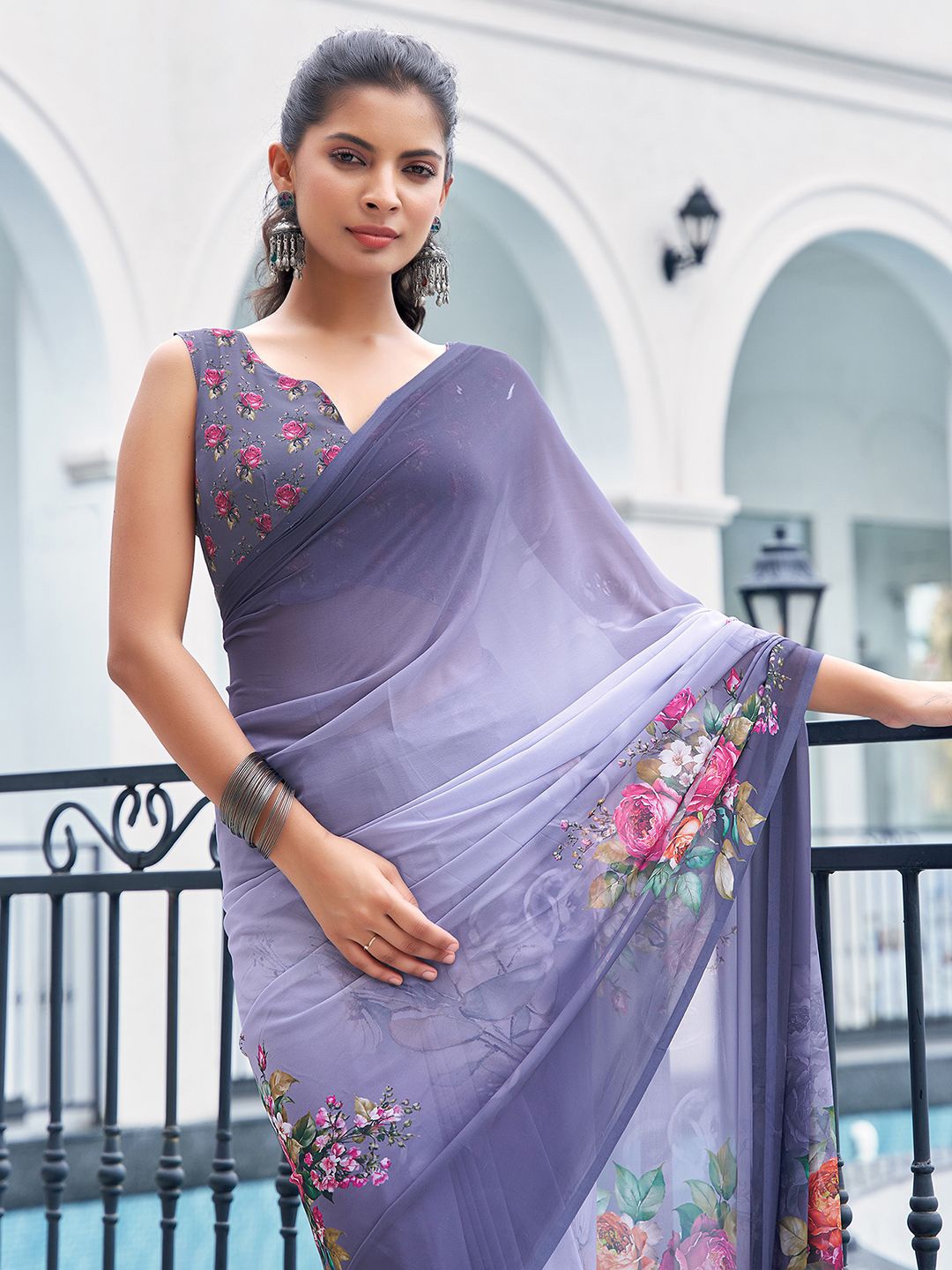 

Mitera Floral Pure Georgette Muga Saree, Grey