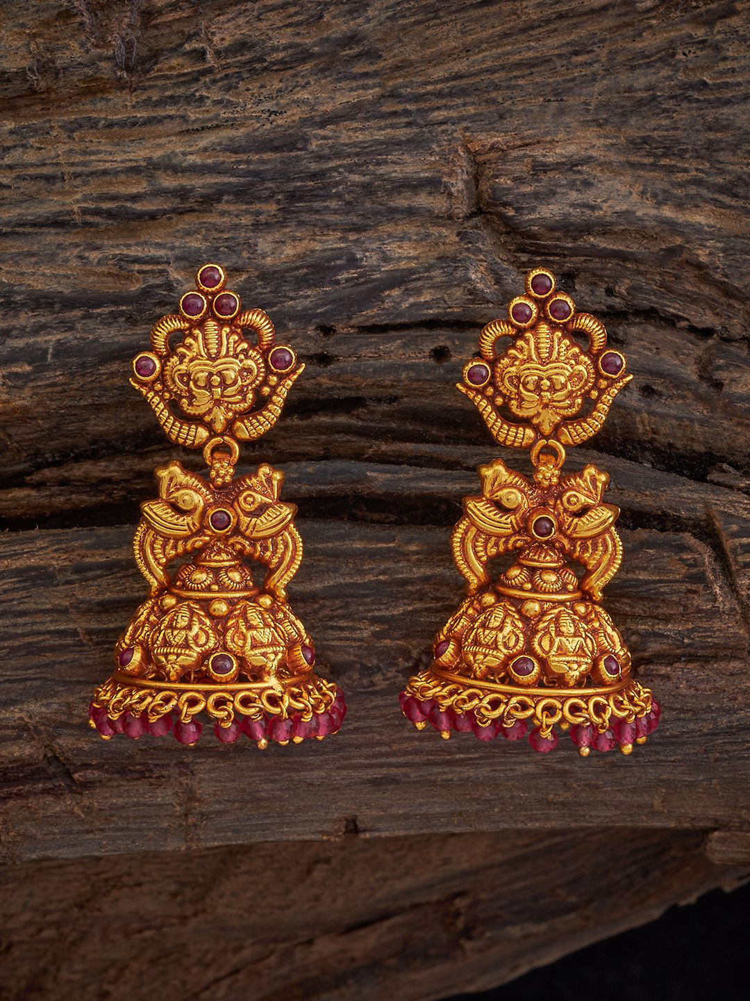 

Kushal's Fashion Jewellery 92.5 Pure Silver Gold Plated Dome Shaped Jhumkas, Red