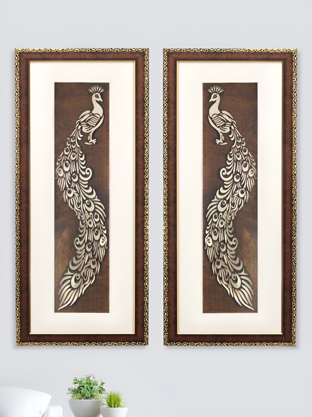 

SHREE KALA HOME DECOR Gold Toned & Brown 2 Pieces Peacock Love Couple Wooden Wall Arts