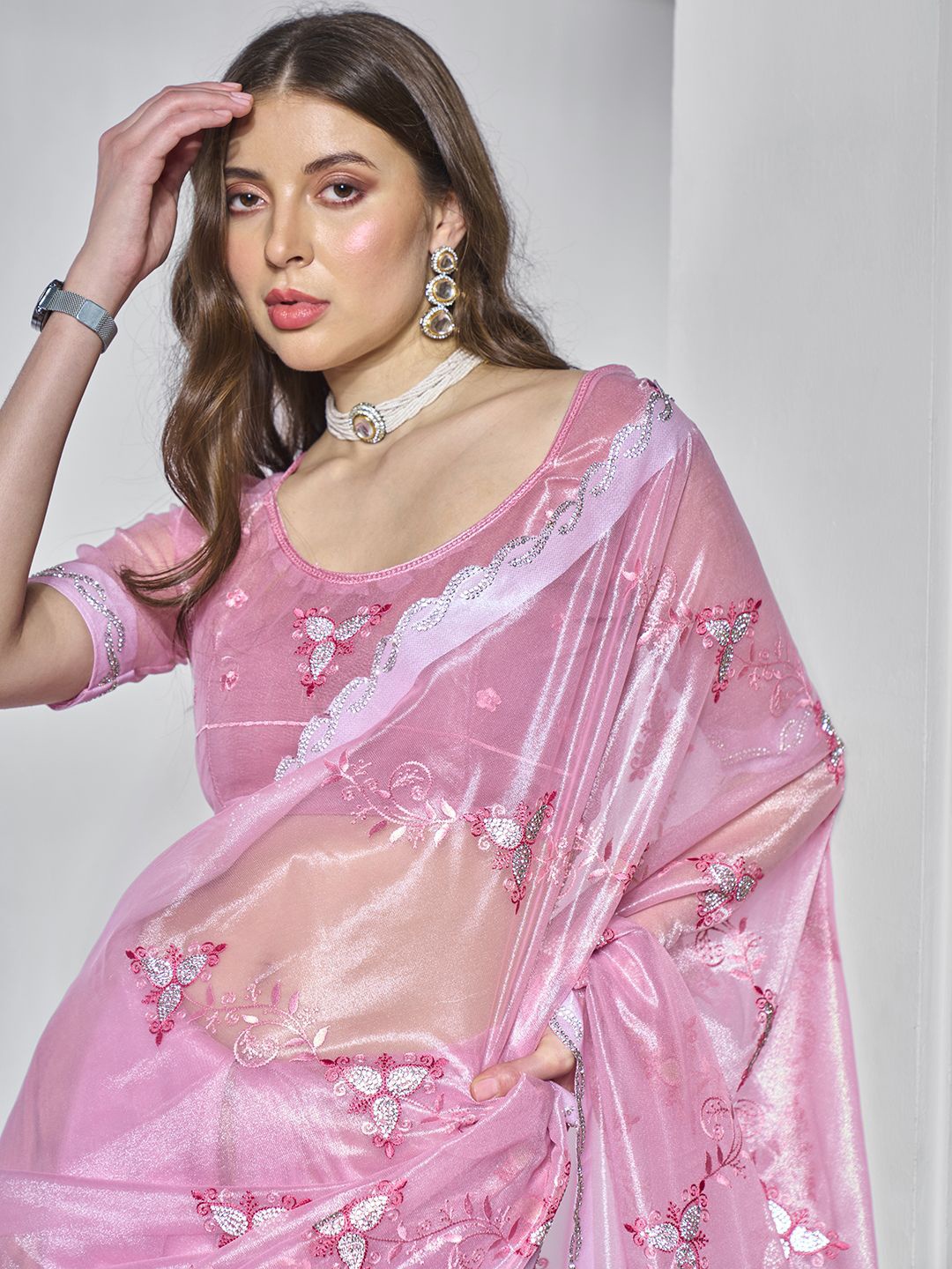 

Kalista Floral Beads and Stones Organza Saree, Pink