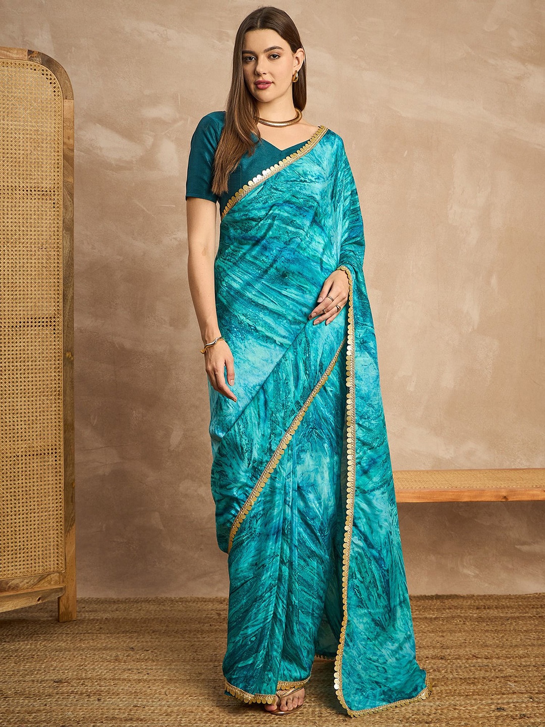 

all about you Tie and Dye Sequinned Satin Saree, Turquoise blue