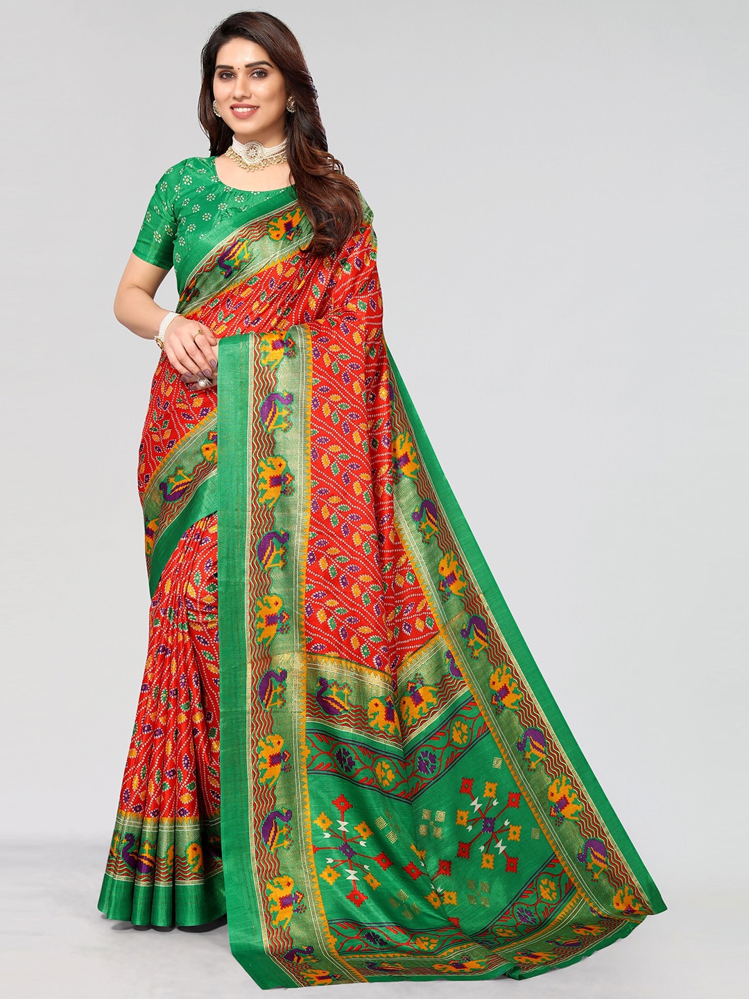

VIRICA Bandhani Printed Saree With Blouse Piece, Red