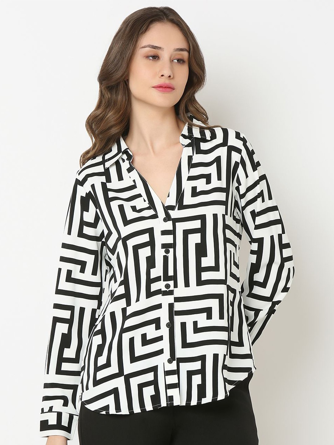 

NOT SO PINK Women New Spread Collar Abstract Printed Casual Shirt, White