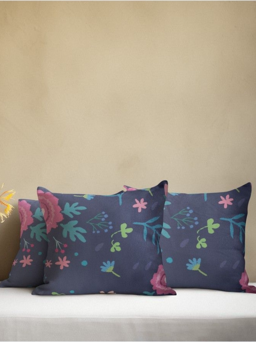 

THEYAYACAFE Navy Blue & Pink 3 Pieces Floral Velvet Square Cushion Covers