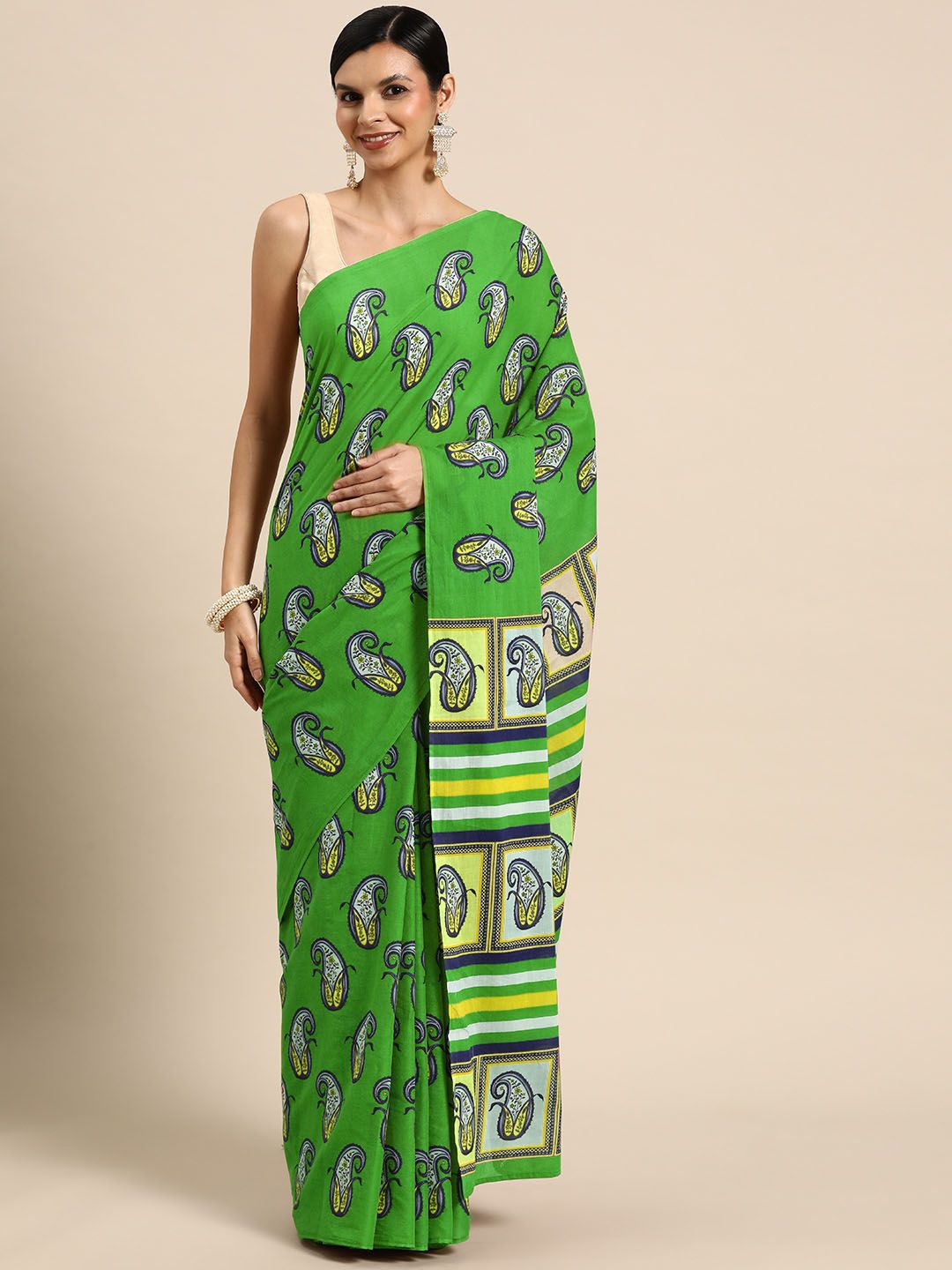 

BUTA BUTI Floral Pure Cotton Saree, Green