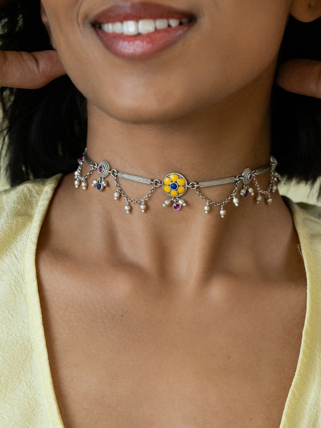 

SHAYA 925 Sterling Silver Stones Studded Buta Style Choker Oxidised Necklace
