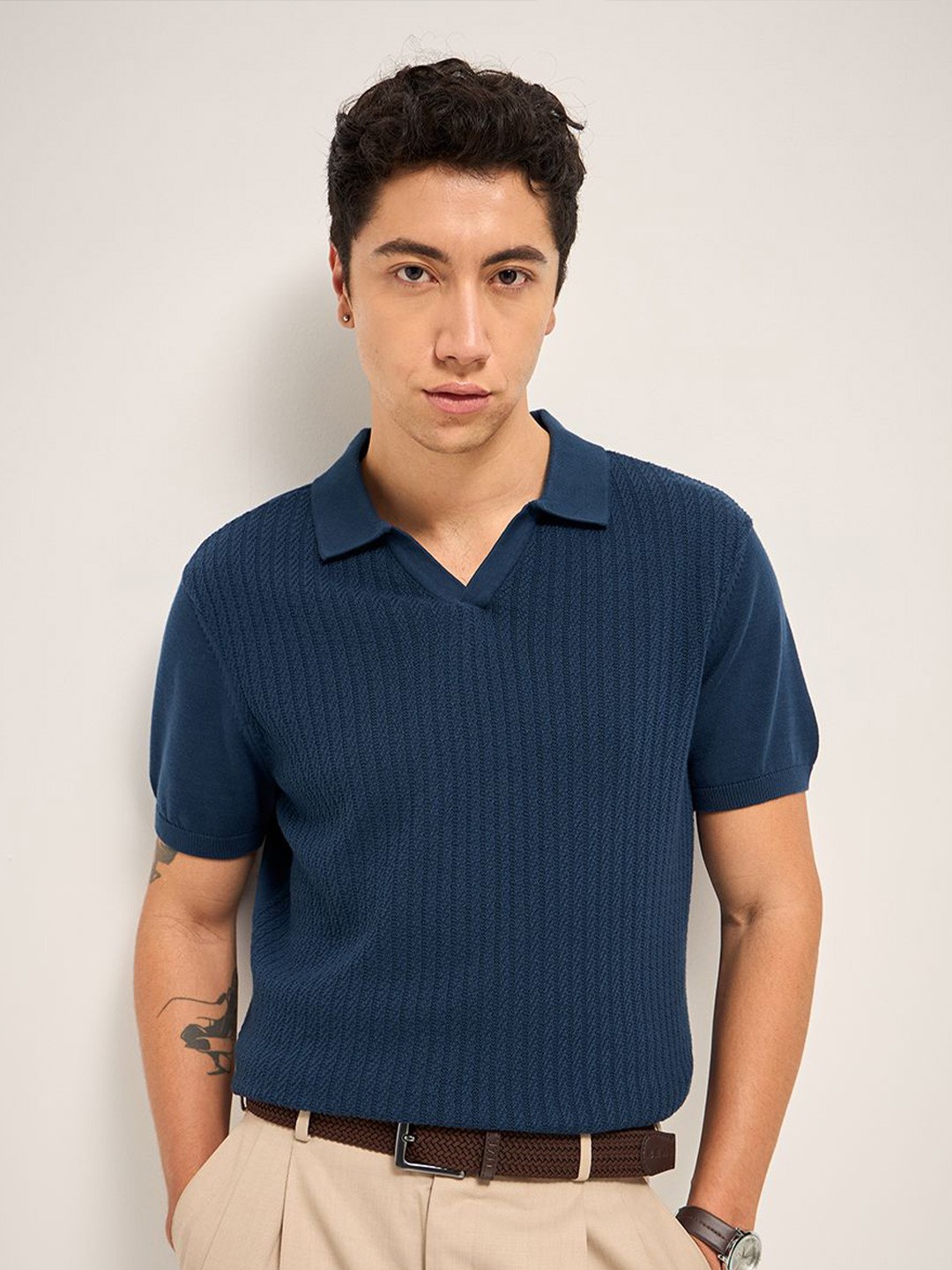 

THE BEAR HOUSE Men Self Design Polo Collar Cotton T-shirt, Blue