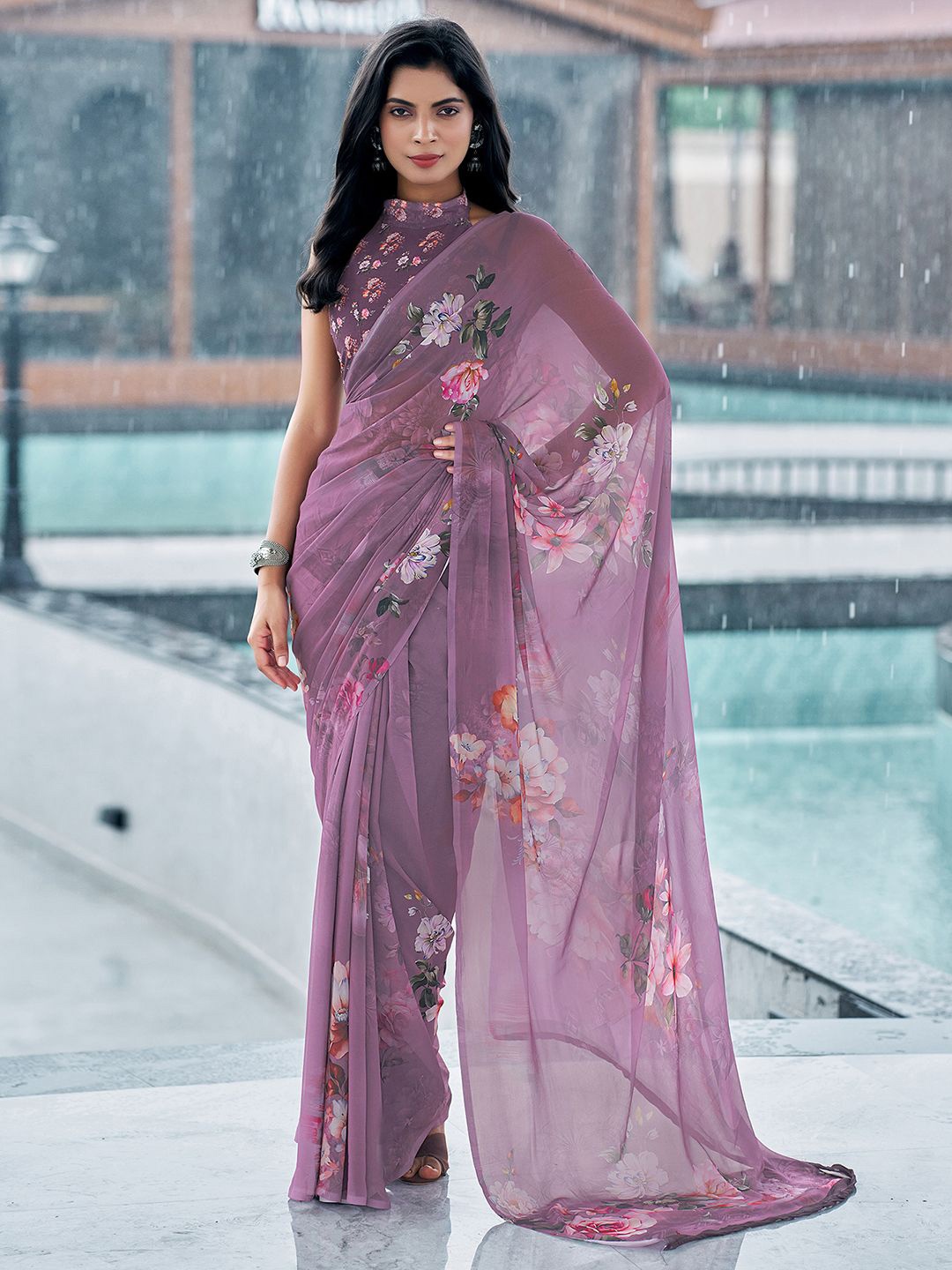 

Mitera Floral Printed Pure Georgette Muga Saree, Mauve