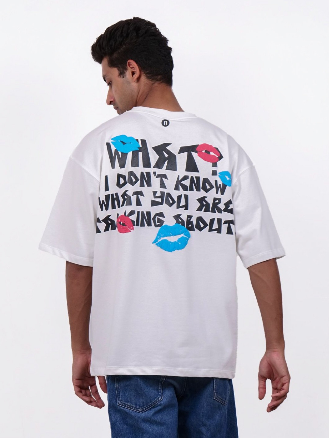 

KHAAKI Men Bio Finish Typography Printed Round Neck Cotton Oversized T-shirt, White
