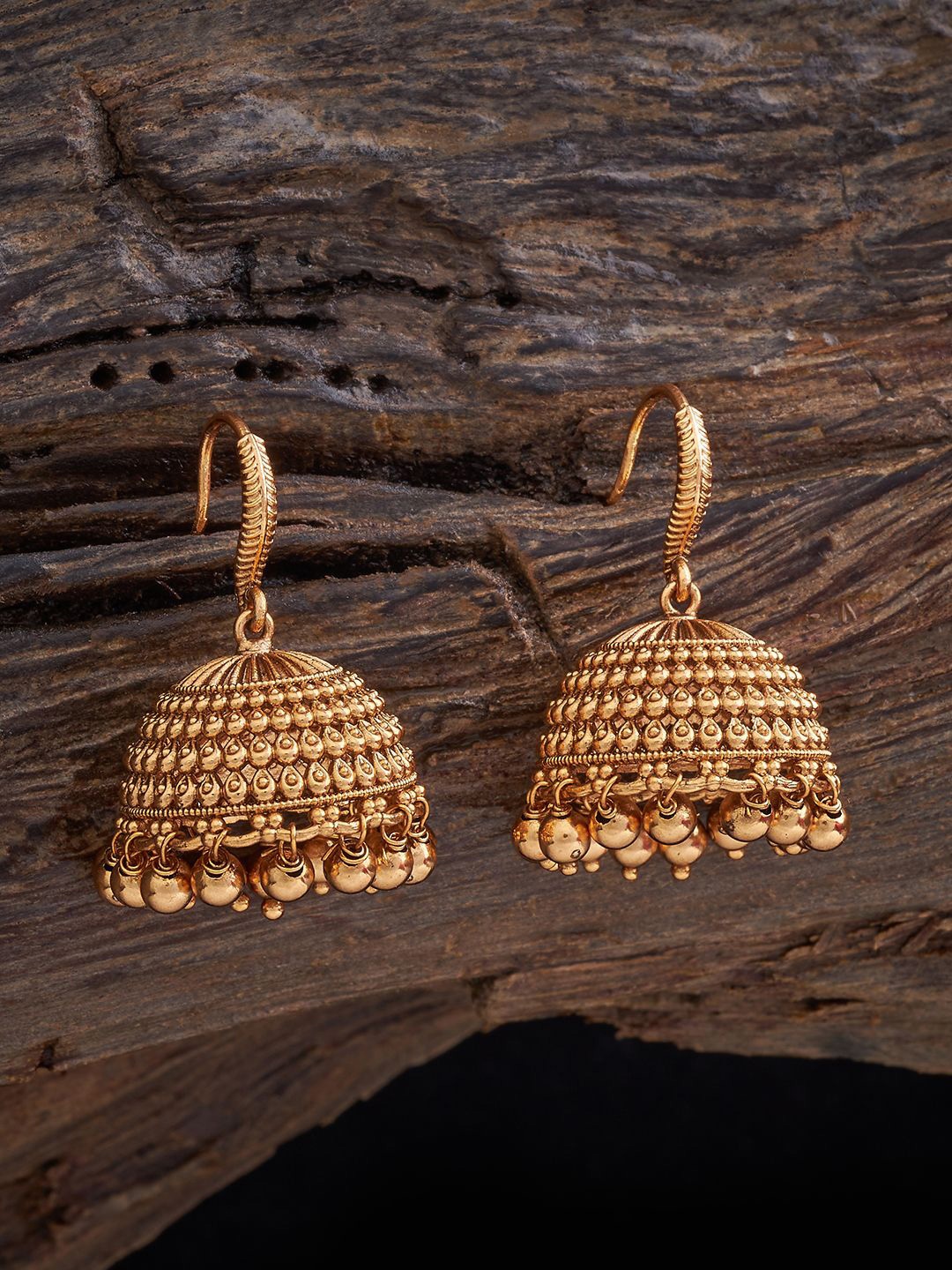 

Kushal's Fashion Jewellery Gold-Plated Dome Shaped Jhumkas Antique Earrings