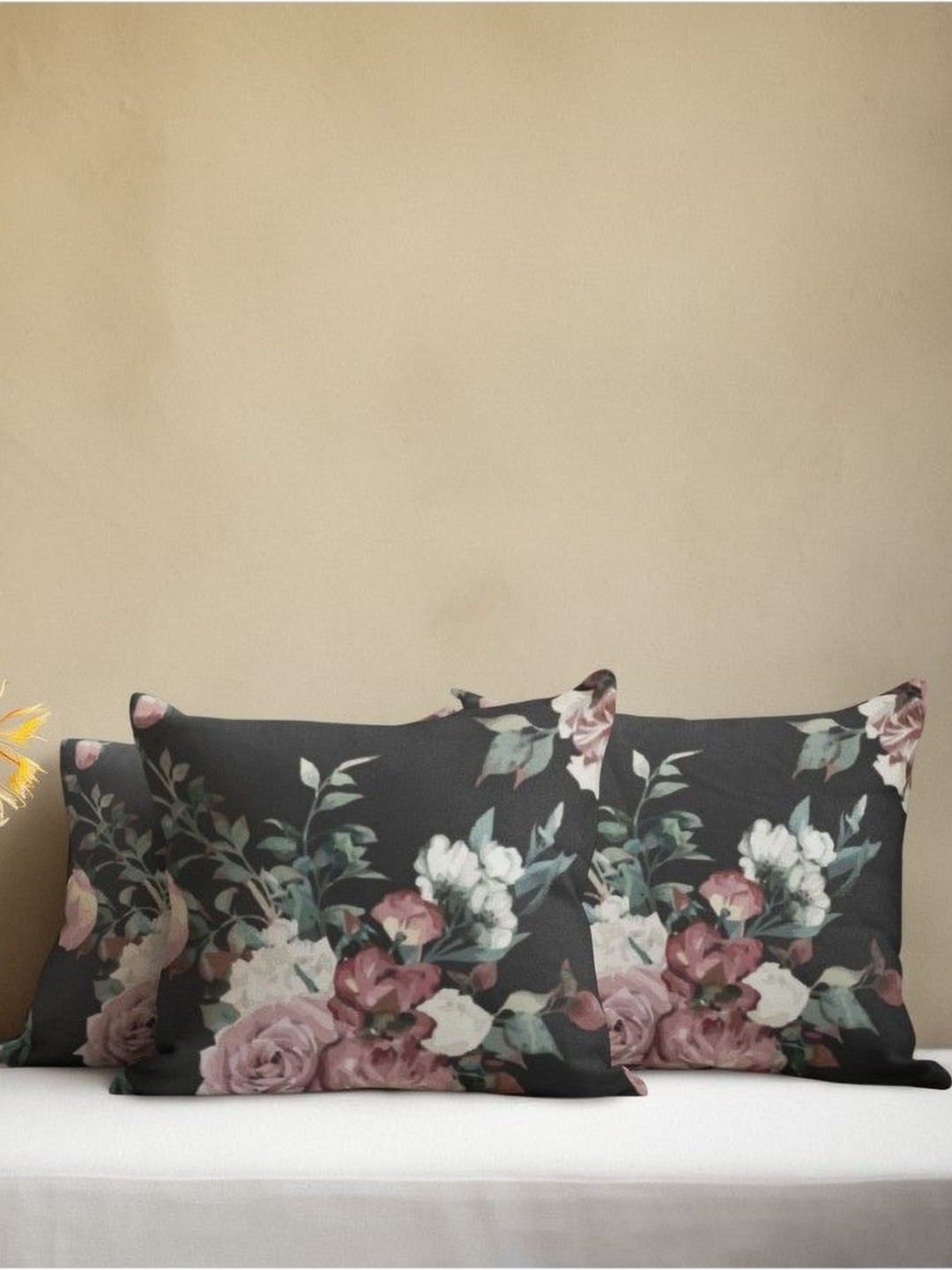 

THEYAYACAFE Black & Brown 3 Pieces Floral Printed Velvet Square Cushion Covers