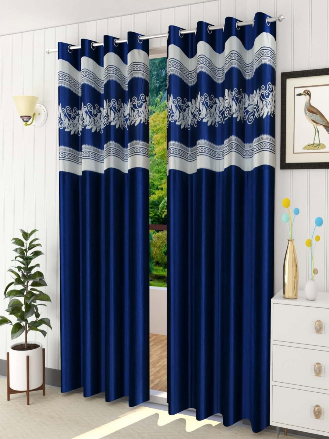 

AADI TRADERS Blue & White 2 Pieces Floral Eyelet Window Curtain