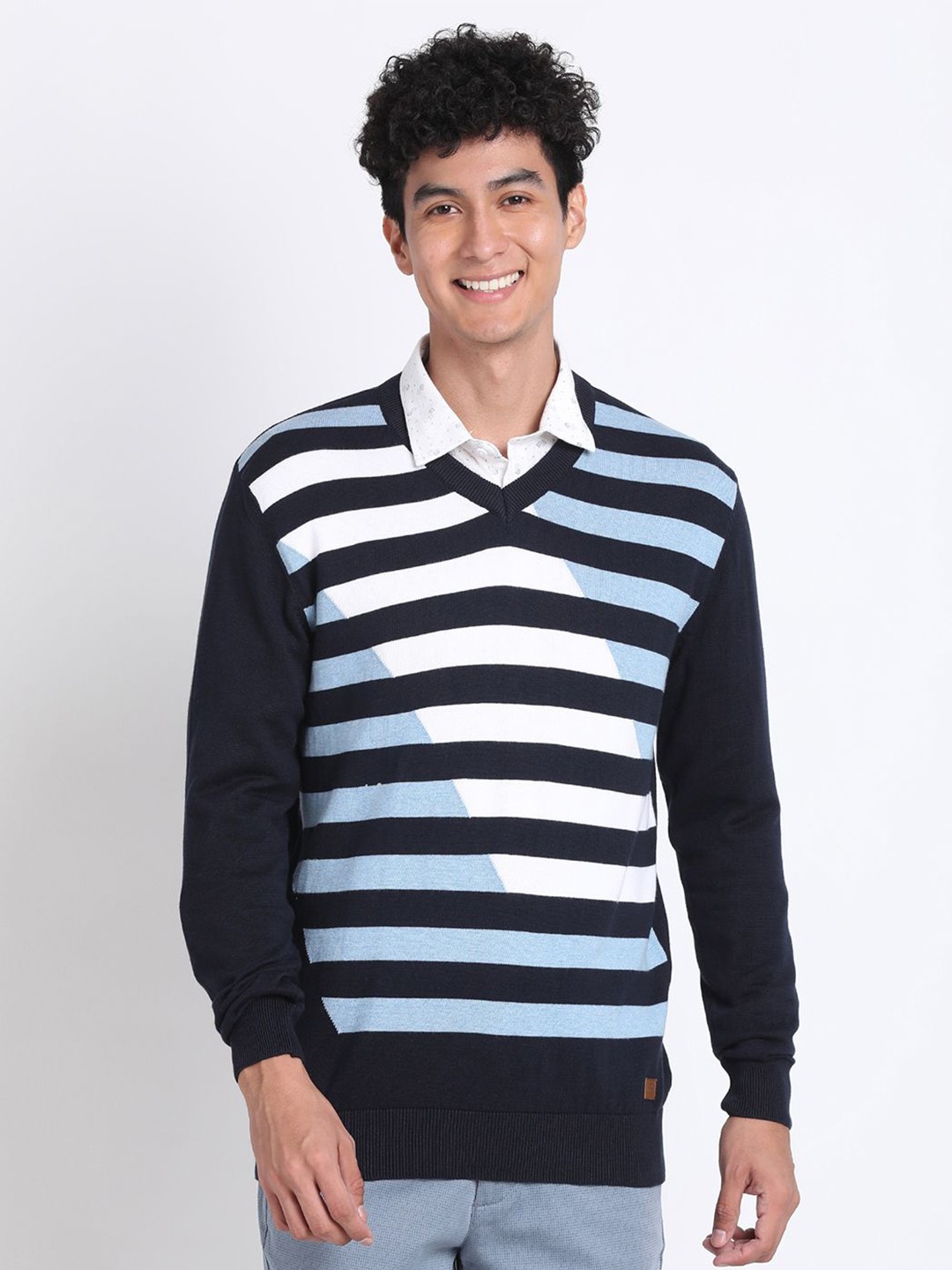 

Turtle Men Striped V-Neck Pullover, Navy blue