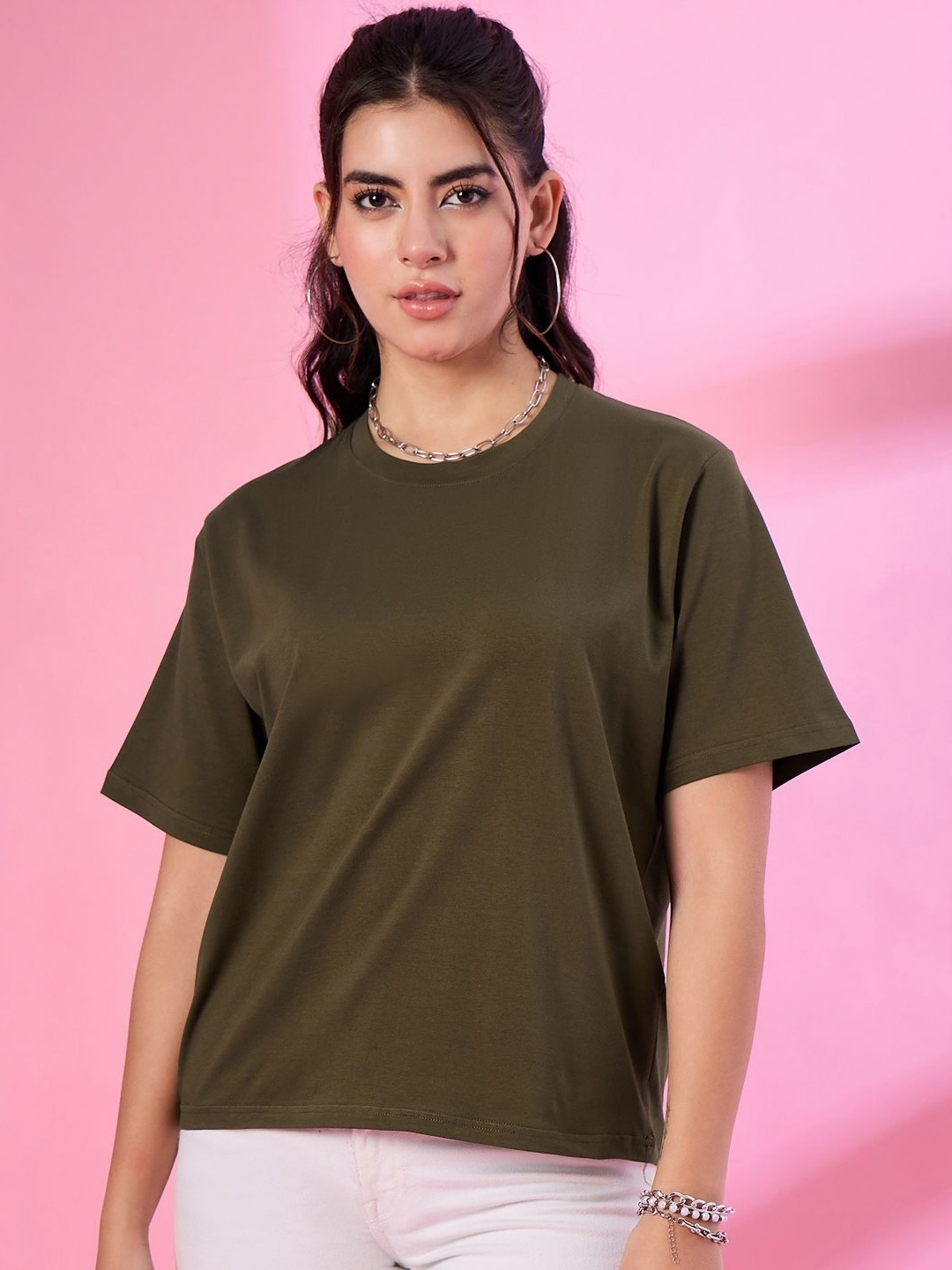 

CUPID Women Solid Round Neck Cotton Oversized T-shirt, Green