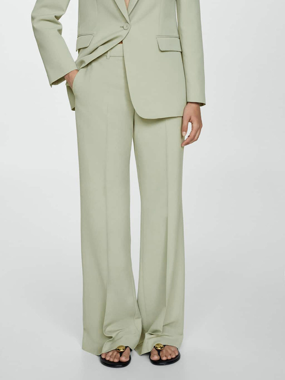 

MANGO Women Pleated Wide Leg Trousers, Green