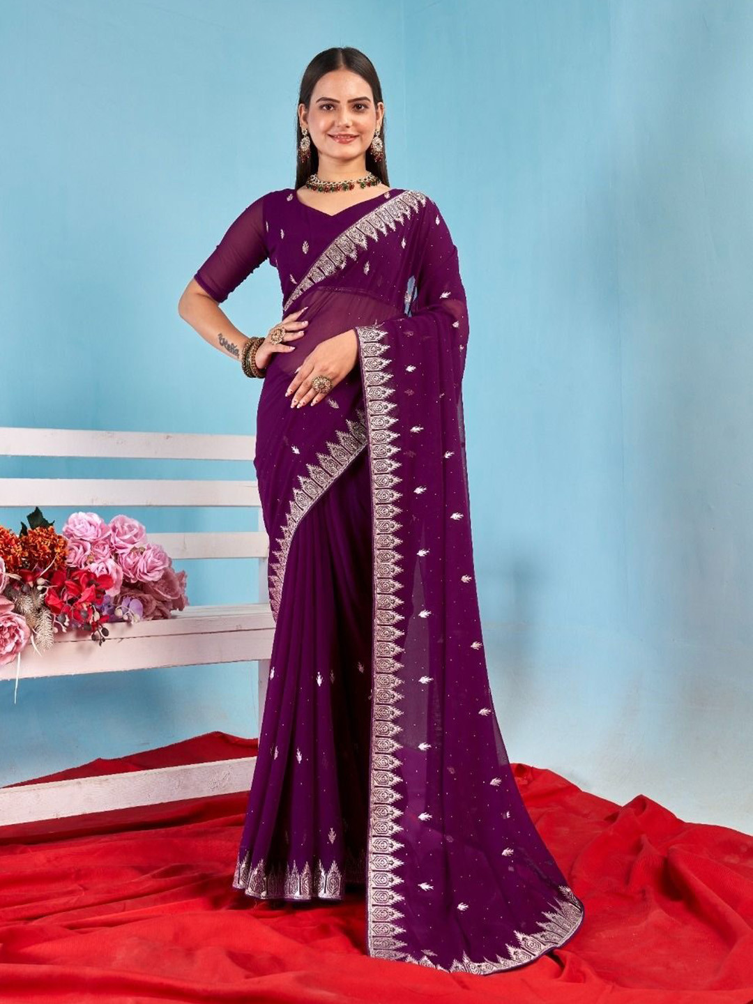 

Mitera Ethnic Motifs Beads and Stones Pure Georgette Saree, Purple