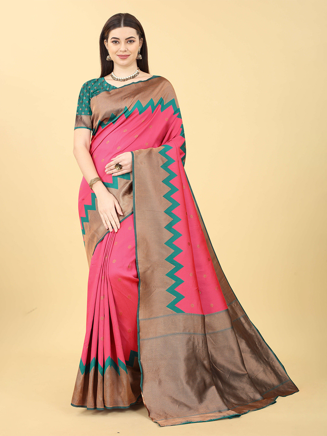 

Mitera Woven Design Zari Silk Blend Banarasi Saree, Pink