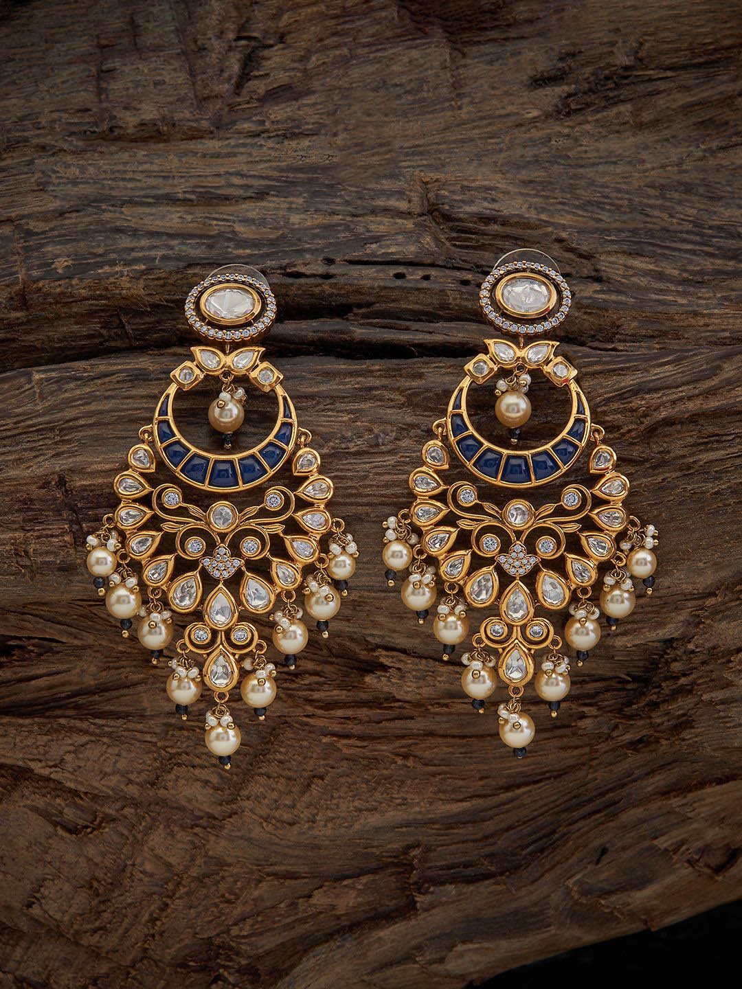 

Kushal's Fashion Jewellery Zircon Studded Crescent Shaped Drop Earrings, Gold