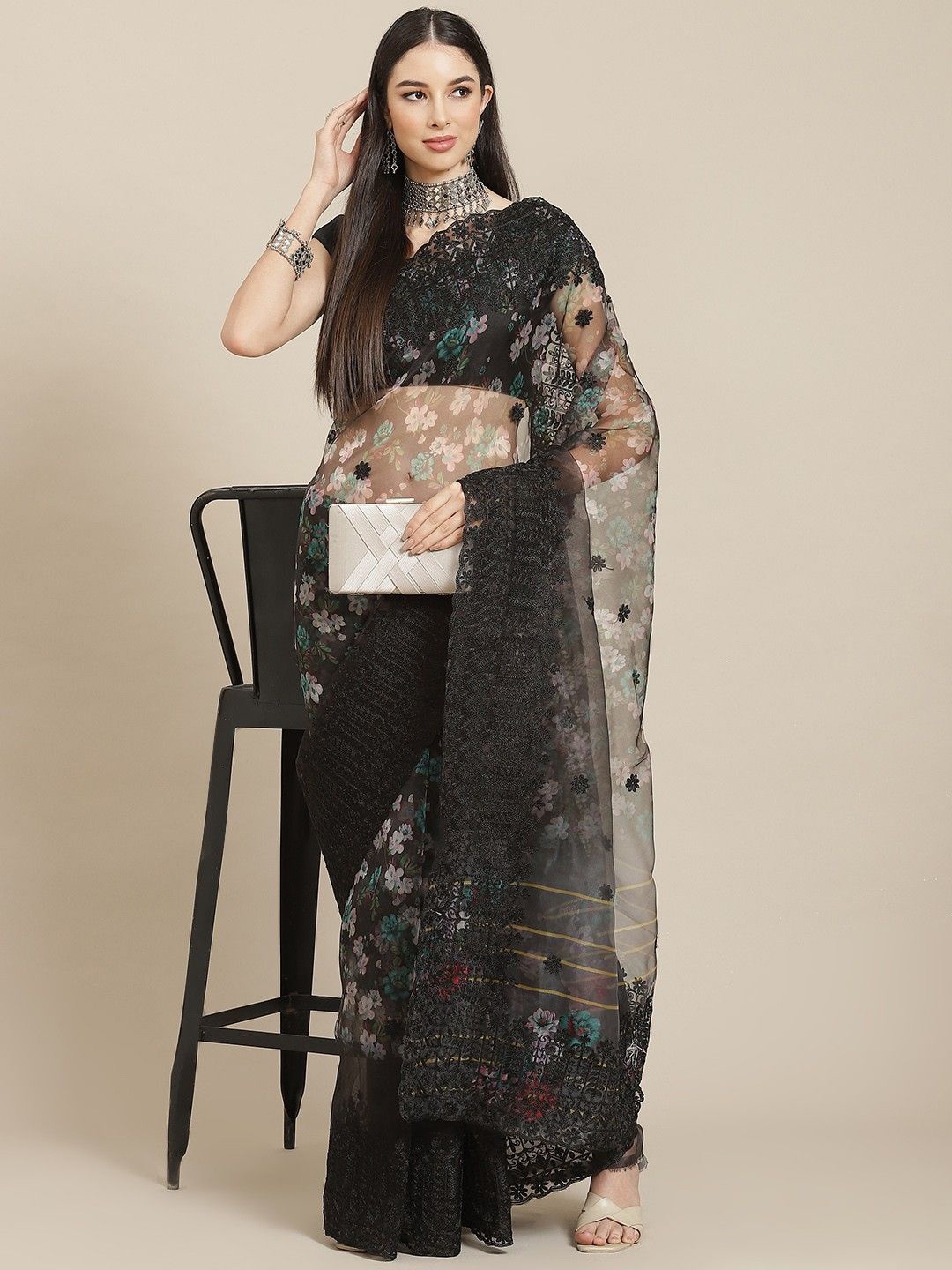 

Anouk Floral Embroidered Net Saree, Black