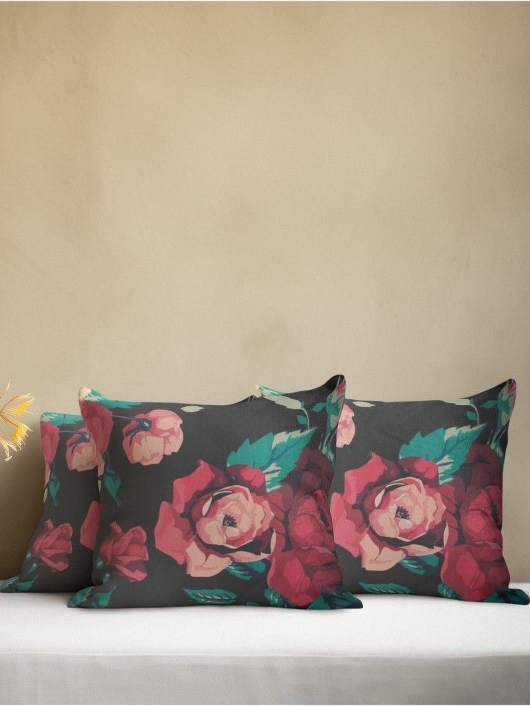 

THEYAYACAFE Black & Red 3 Pieces Floral Velvet Square Cushion Covers