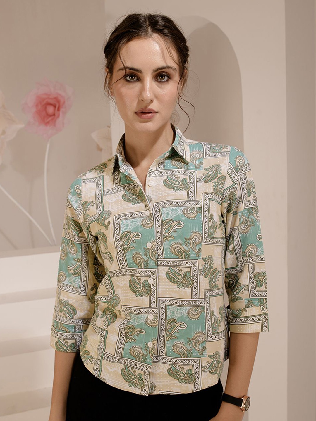 

TANDUL Women Standard Ethnic Motifs Printed Polycotton Casual Shirt, Green
