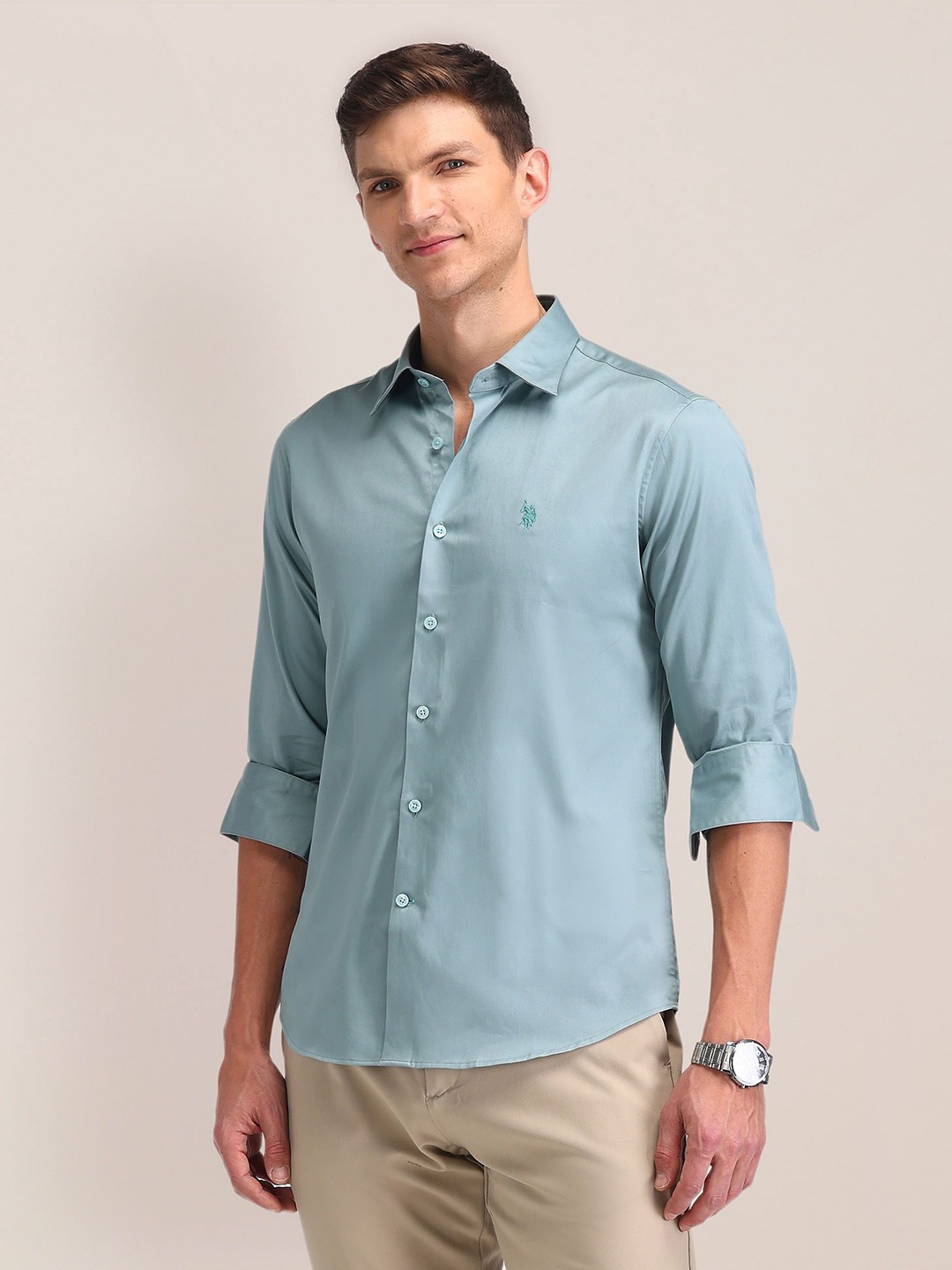 

U.S. Polo Assn. Men Classic Cutaway Collar Solid Cotton Formal Shirt, Green