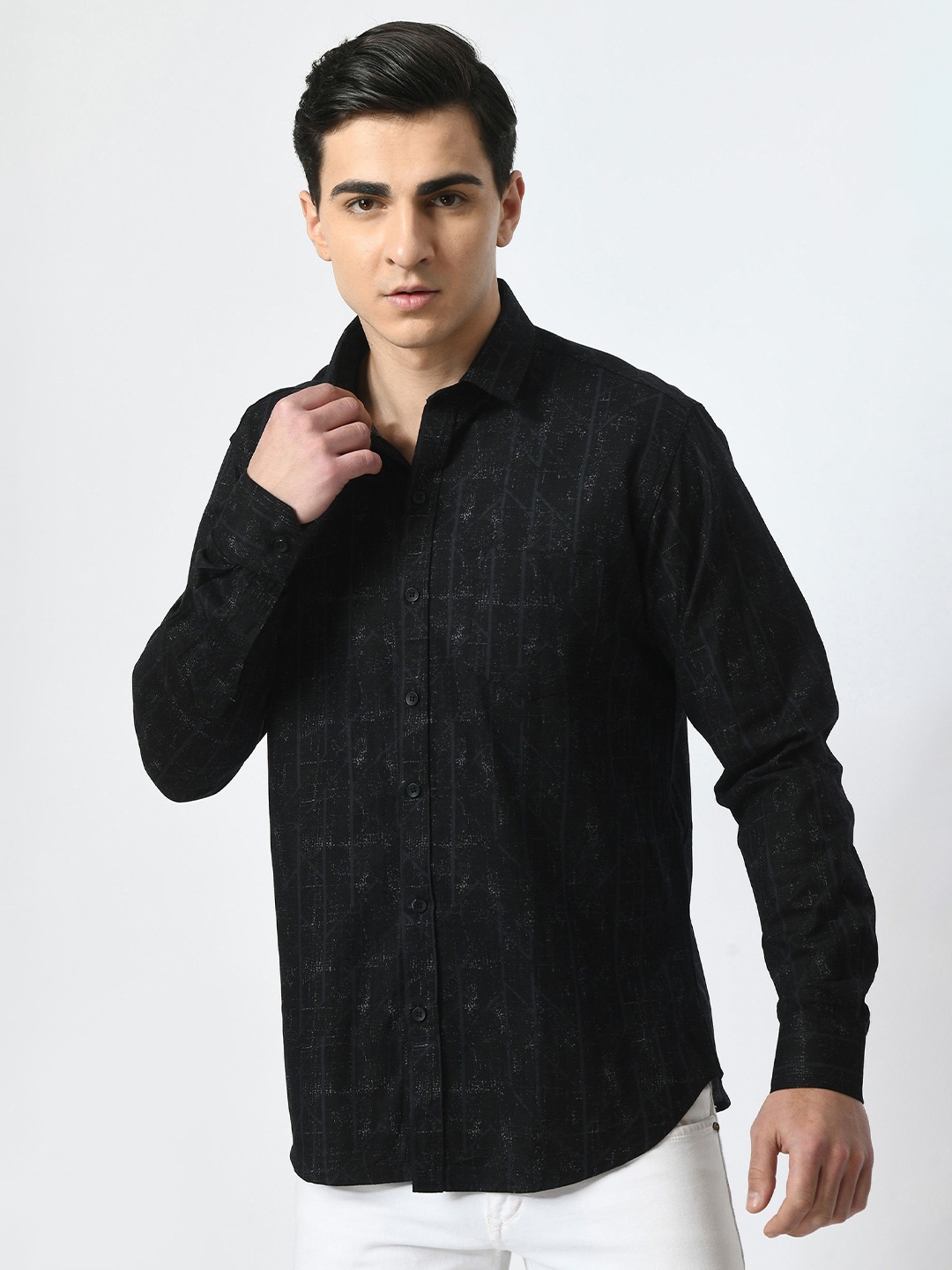 

PEBCO Men Classic Spread Collar Abstract Printed Cotton Slim Fit Casual Shirt, Black