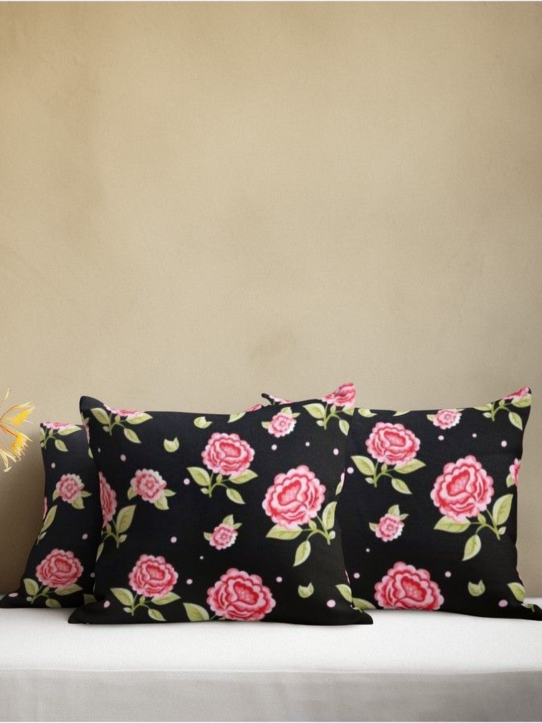 

THEYAYACAFE Black & Pink 3 Pieces Floral Printed Velvet Square Cushion Covers