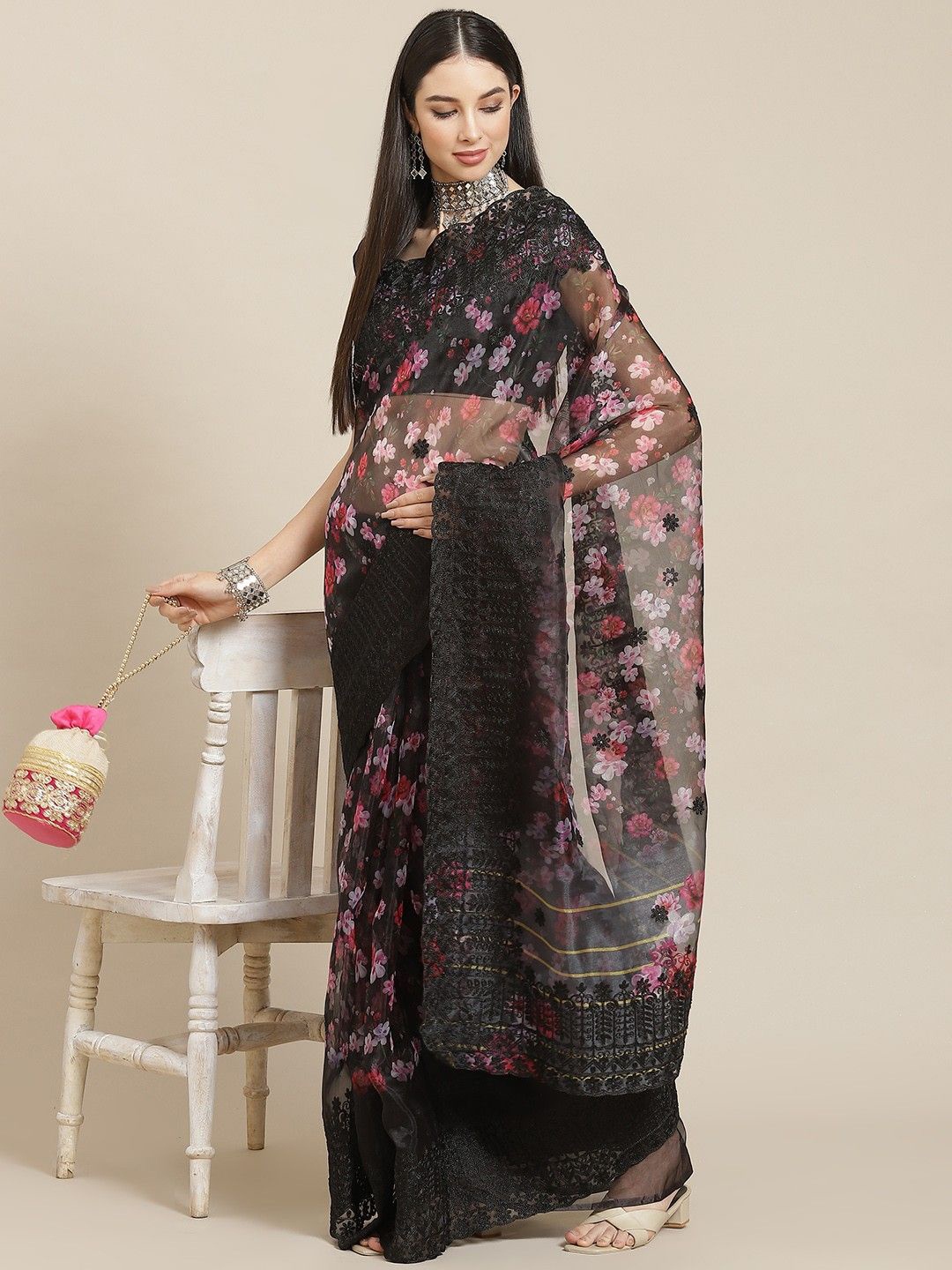 

Anouk Floral Embroidered Net Saree, Black