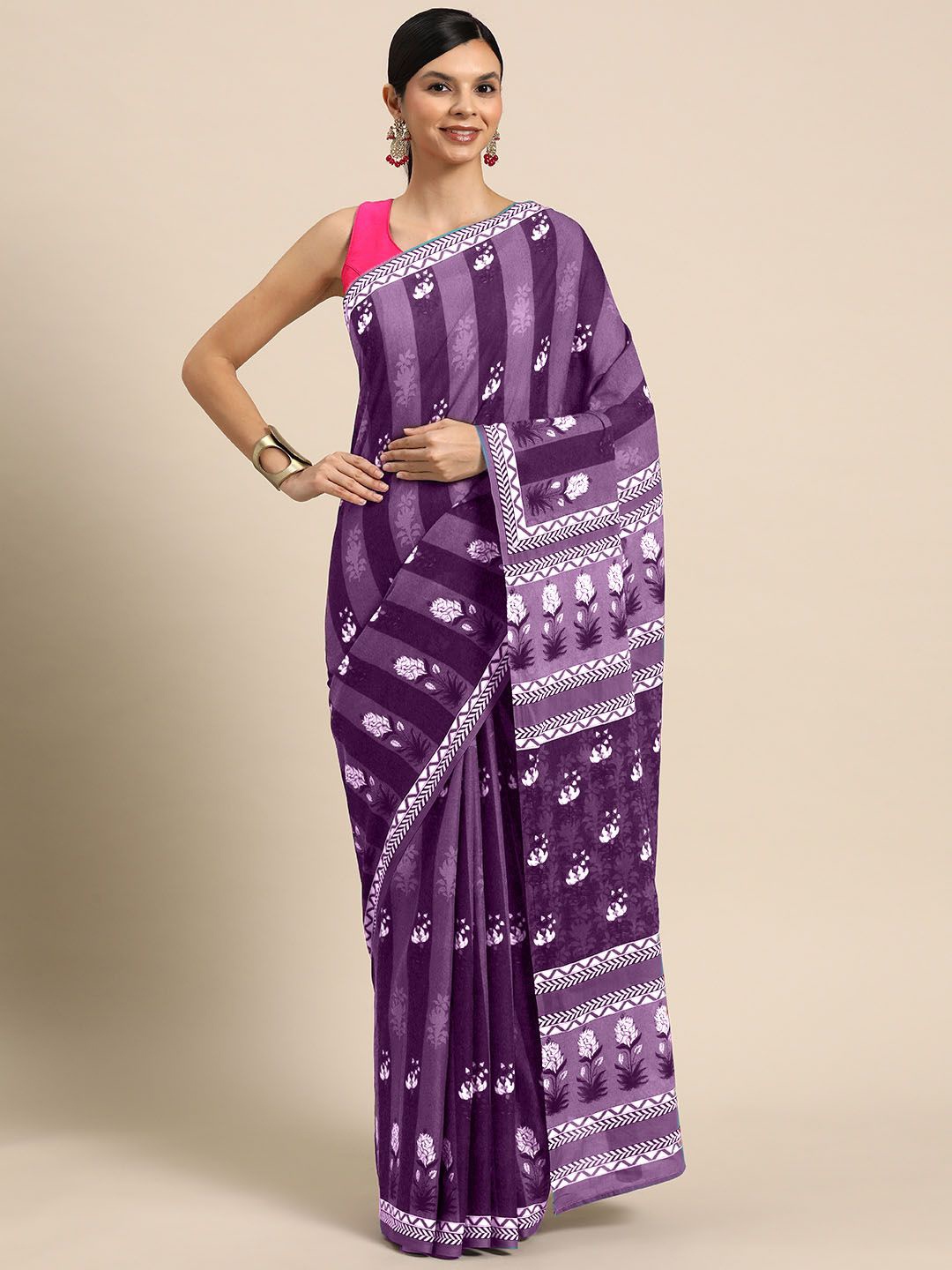 

BUTA BUTI Floral Pure Cotton Saree, Pink