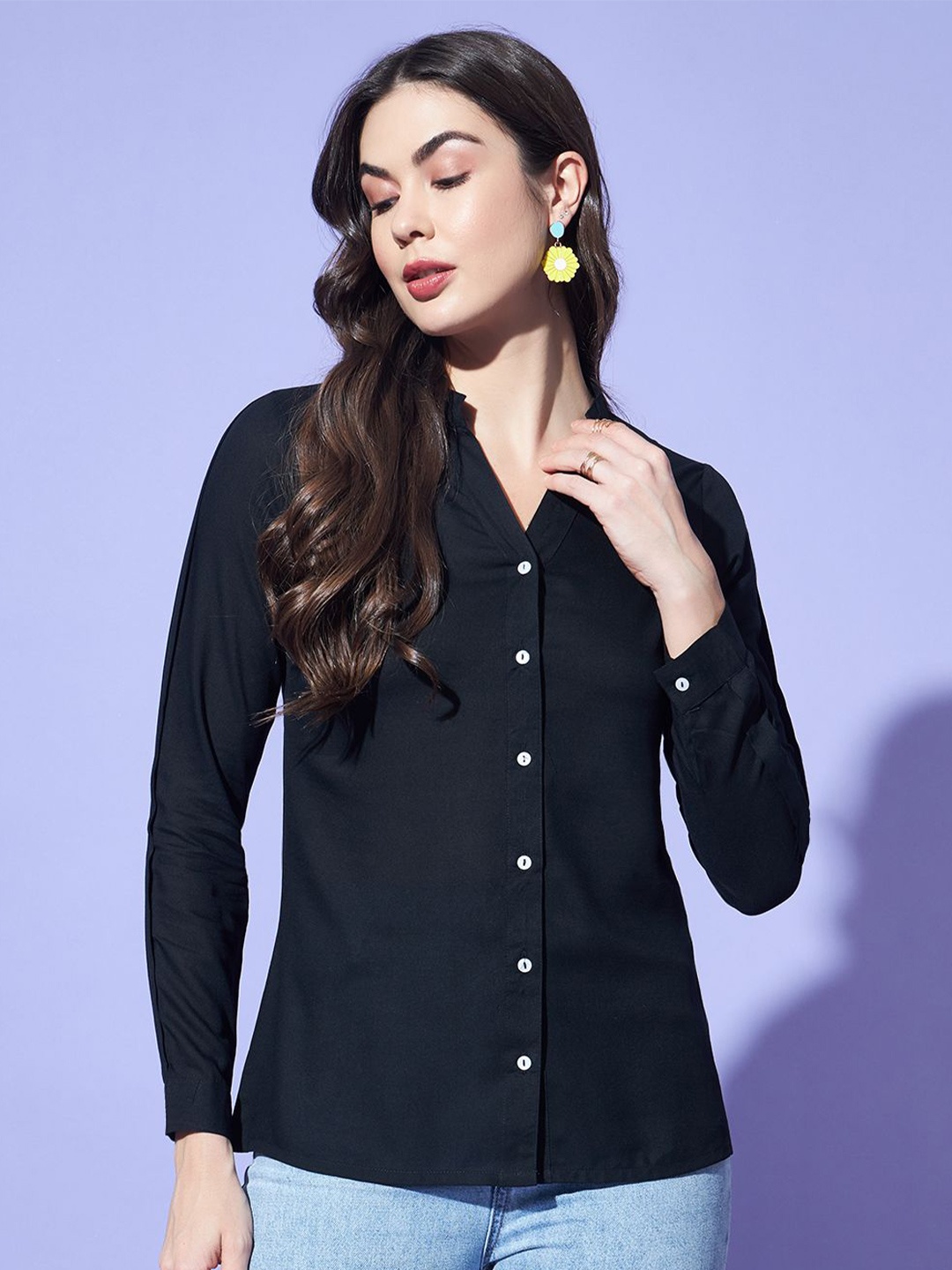 

Trend Arrest Women Comfort Mandarin Collar Solid Casual Shirt, Black