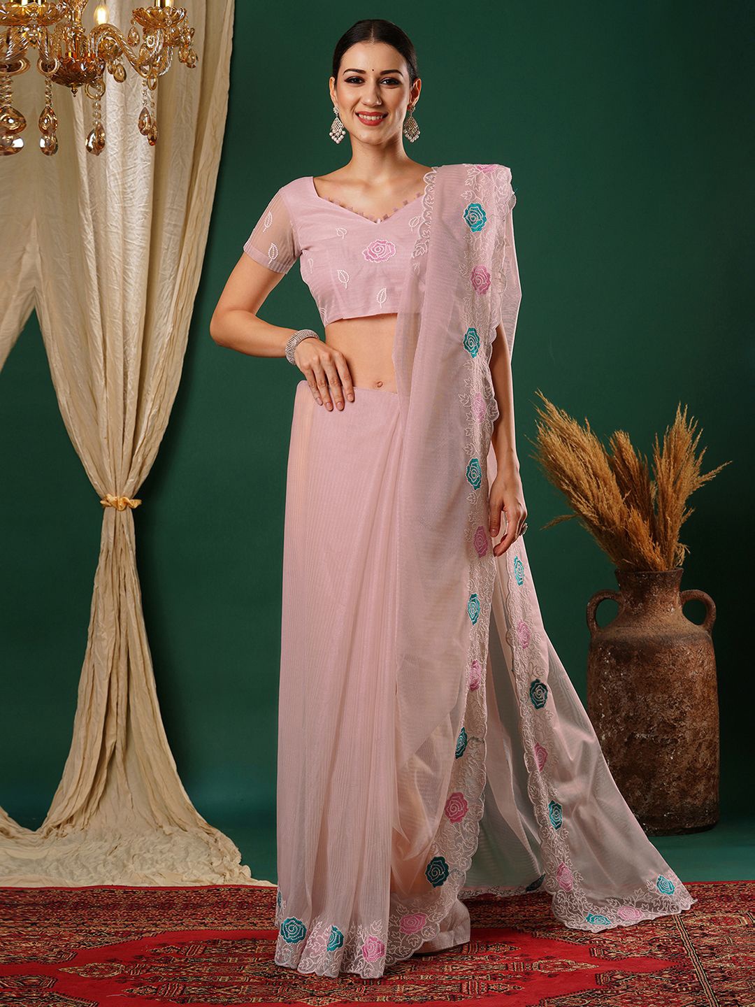 

Satrani Floral Embroidered Net Saree, Pink