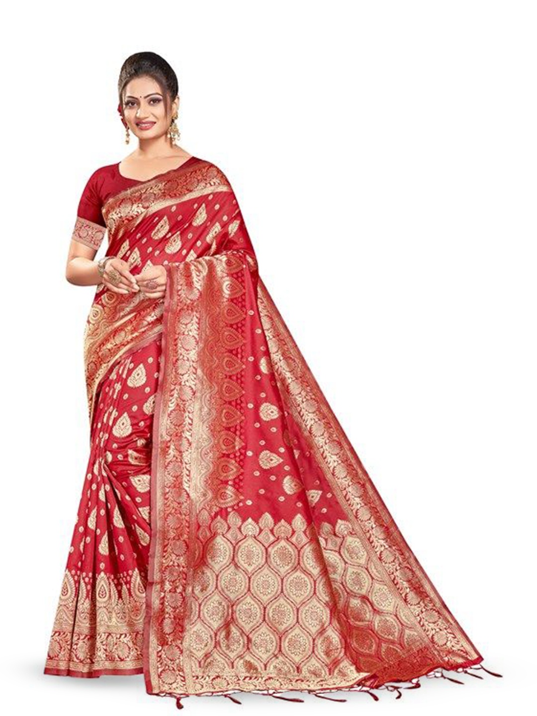 

DIVASTRI Woven Design Zari Silk Blend Banarasi Saree, Red