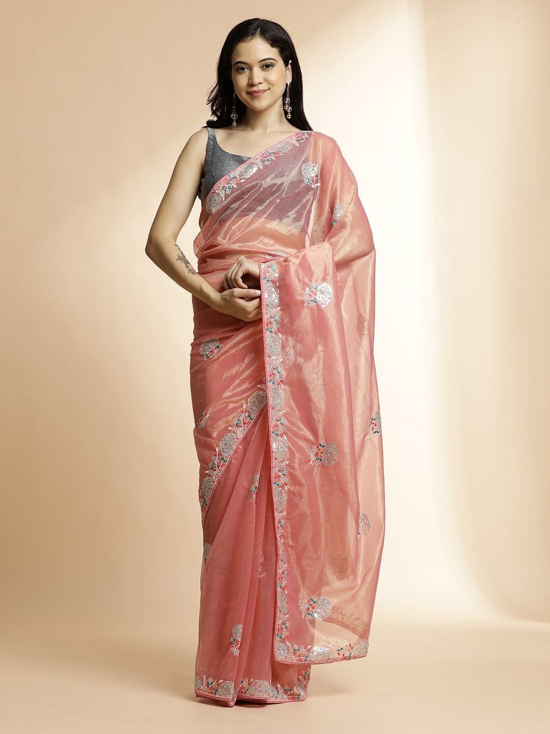 

Jaipur Kurti Floral Sequinned Net Saree, Orange
