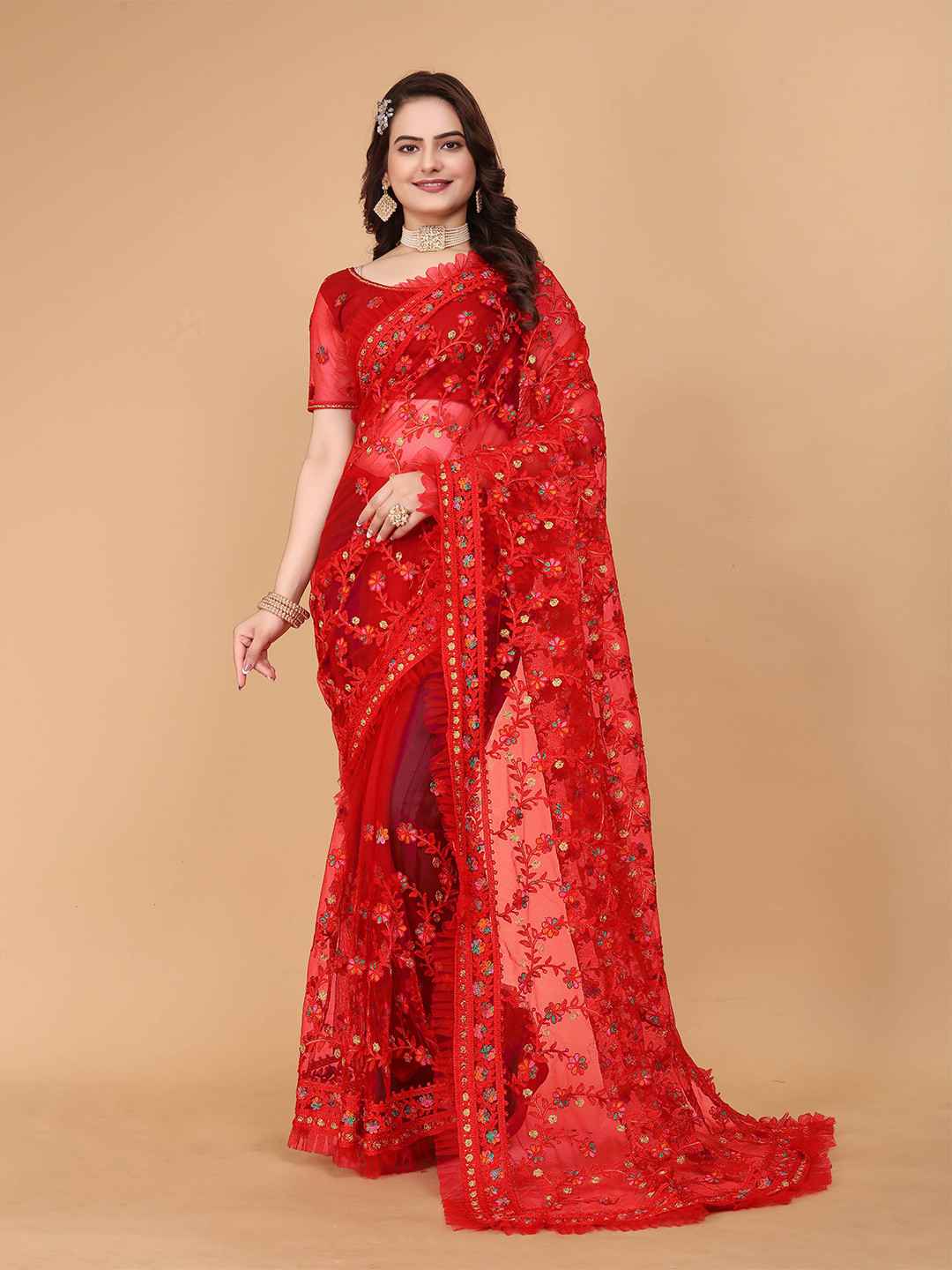 

Zeekha Floral Embroidered Net Heavy Work Kanjeevaram Saree, Red