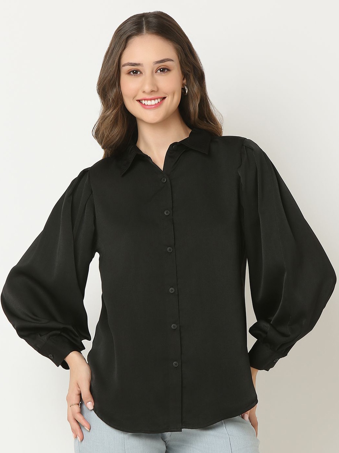 

NOT SO PINK Women New Spread Collar Solid Casual Shirt, Black