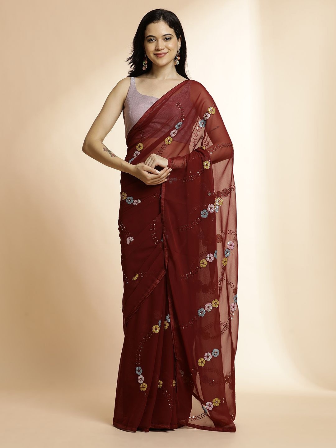 

Jaipur Kurti Embellished Sequinned Pure Georgette Saree, Maroon