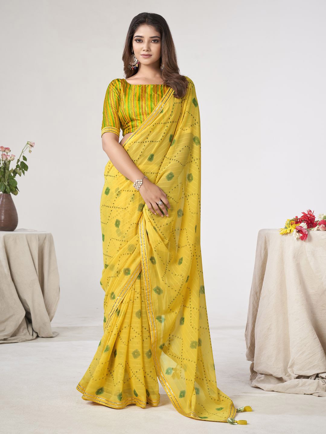 

CHUDIYA Bandhani Gotta Patti Pure Georgette Saree, Mustard