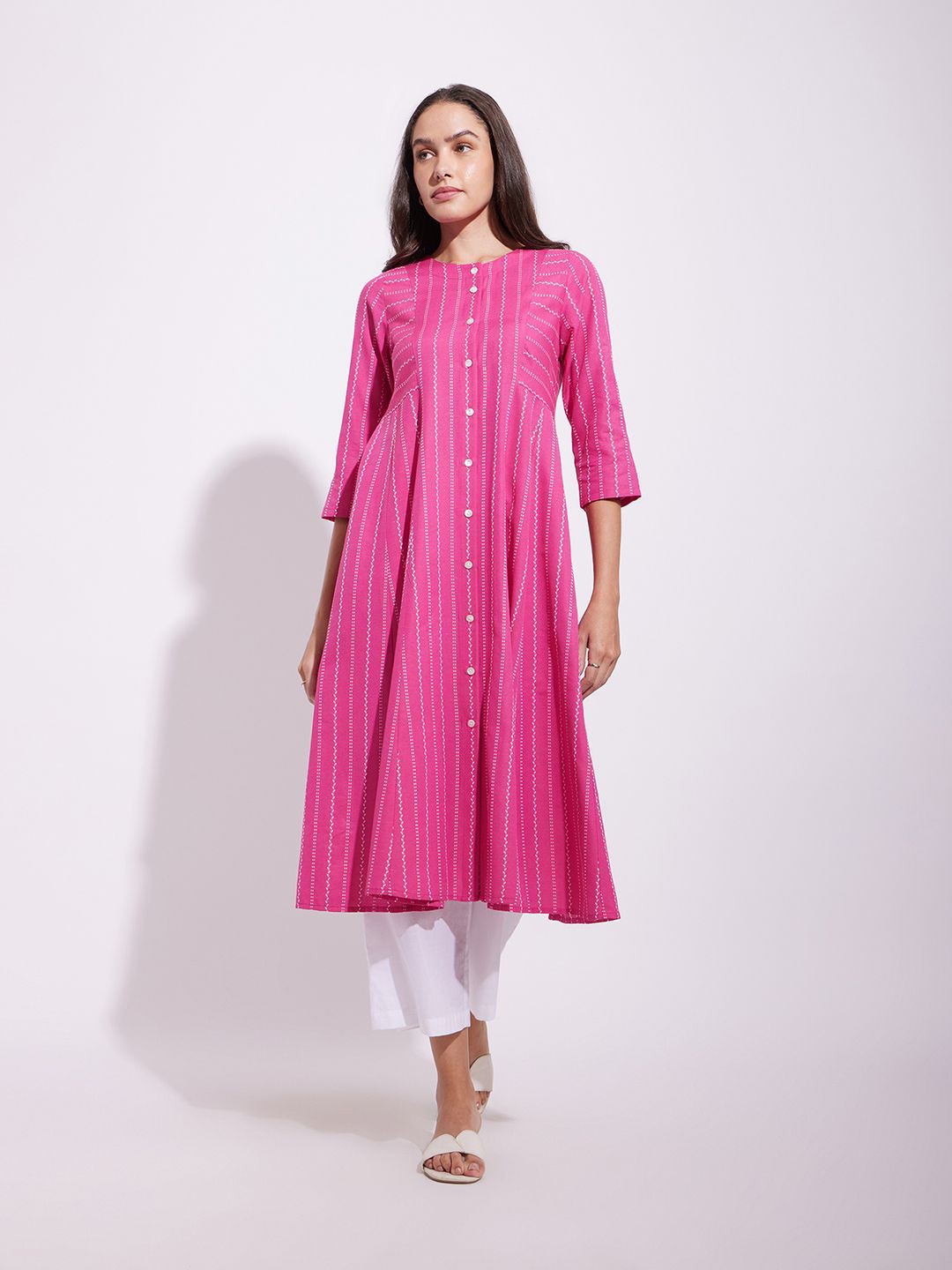 

Pink Fort Striped Printed Round Neck Anarkali Kurta