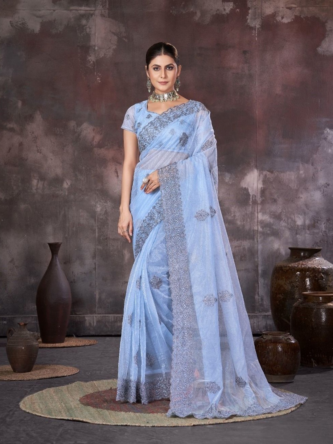 

Mitera Embellished Embroidered Organza Saree, Blue
