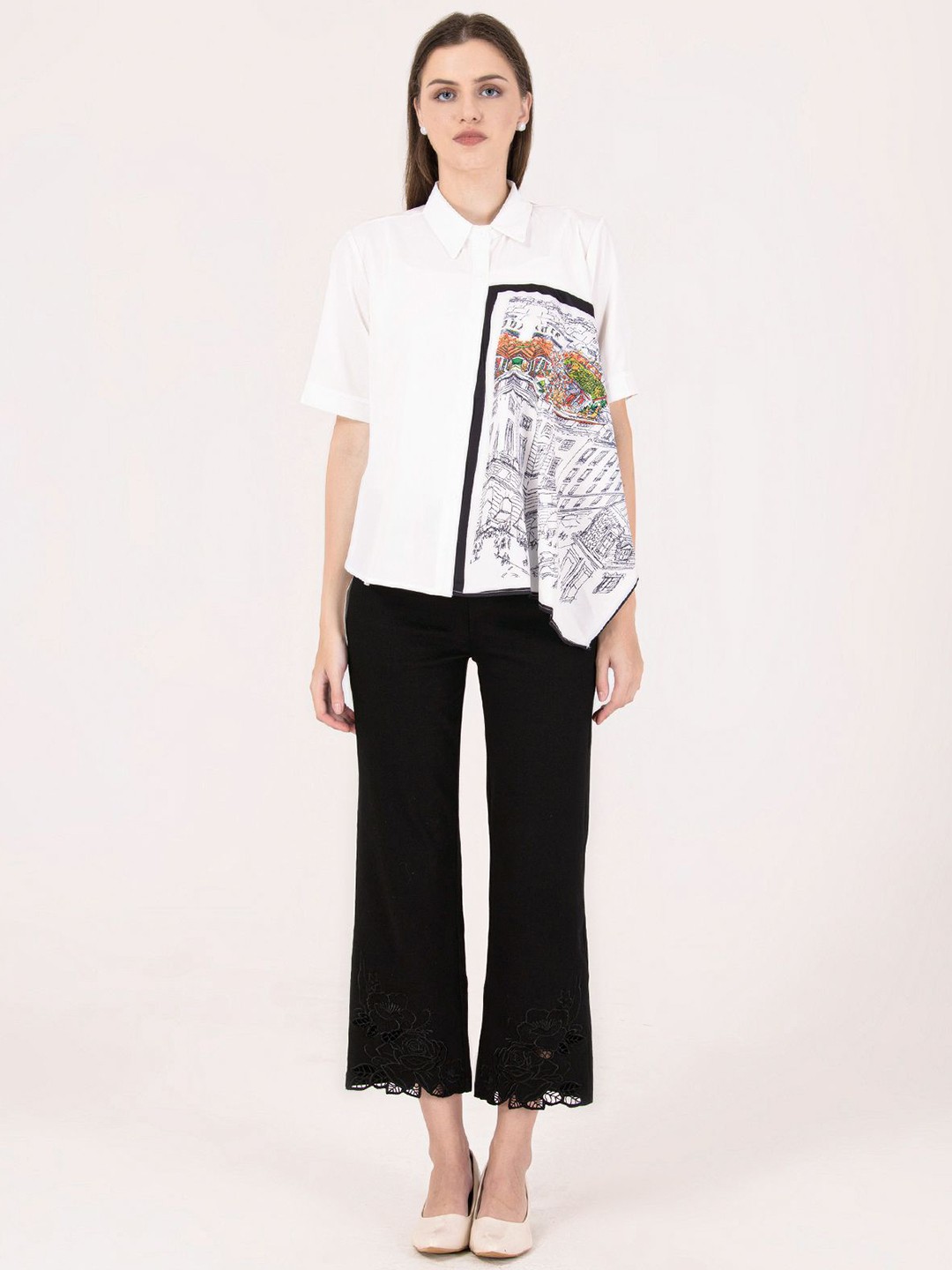 

Albion By CnM Women Graphic Printed Shirt Collar Cotton Top, White
