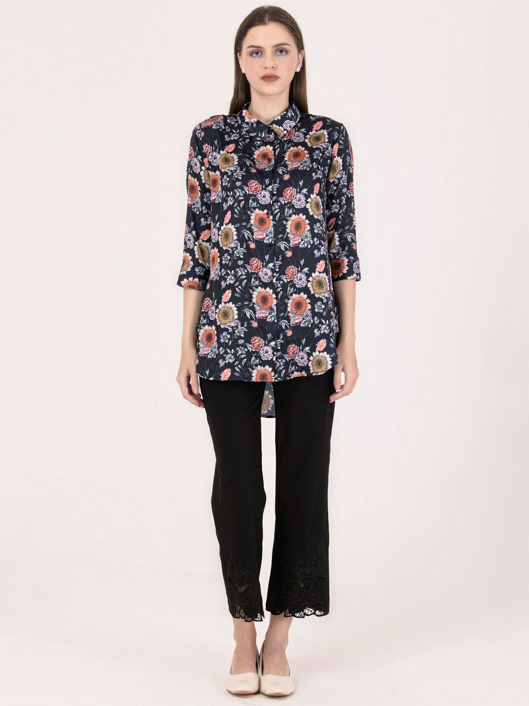 

Albion By CnM Women Floral Printed Shirt Collar Cotton Top, Navy blue
