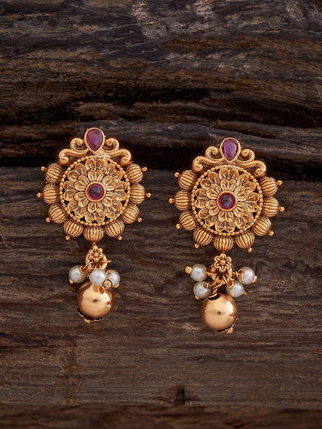 

Kushal's Fashion Jewellery Gold-Plated Artificial Beaded Antique Floral Drop Earrings, Red