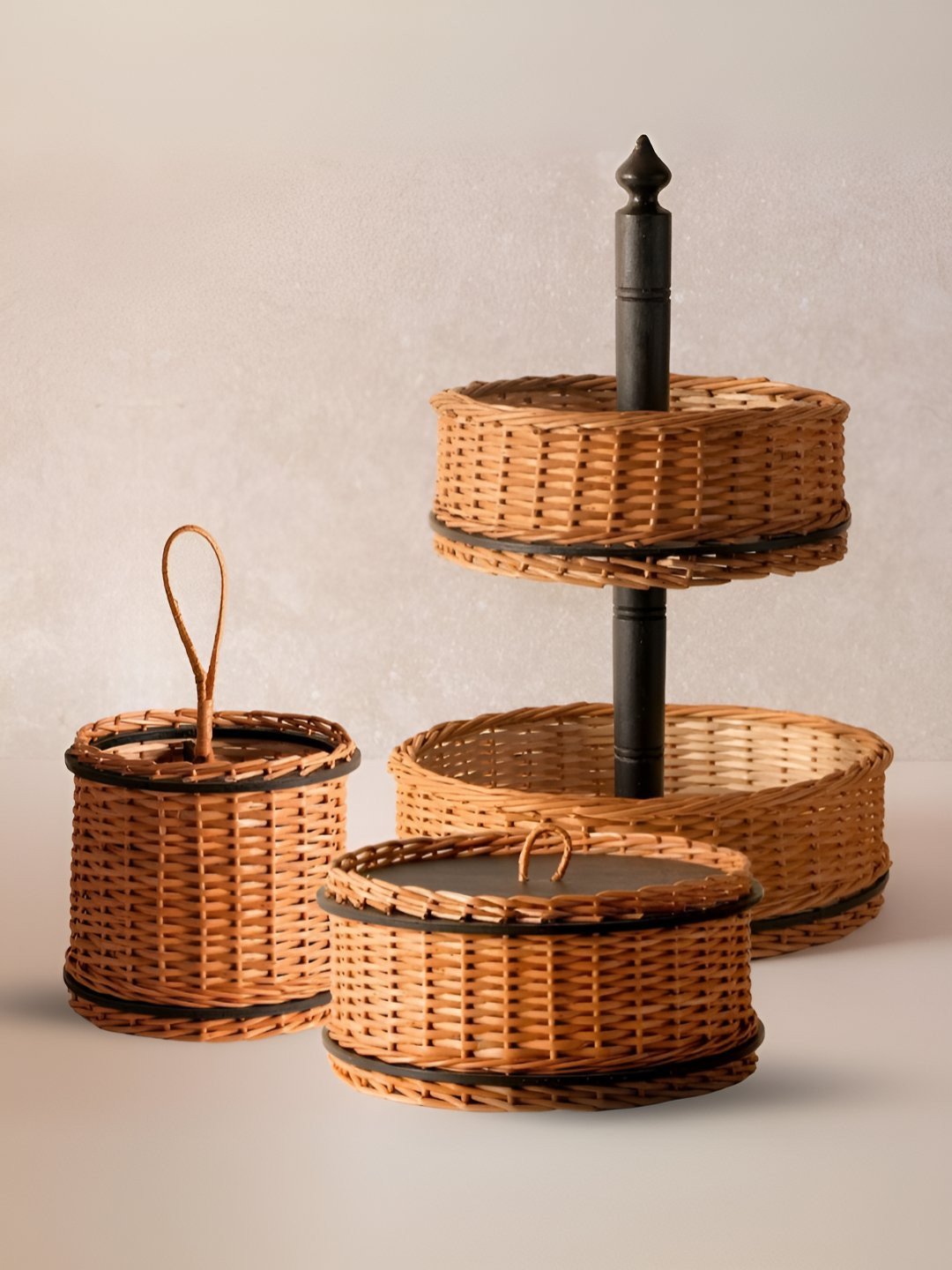 

Peepul Tree 3Pcs Wicker Storage Boxes, Cutlery Holder & Fruit Basket Combo, Brown