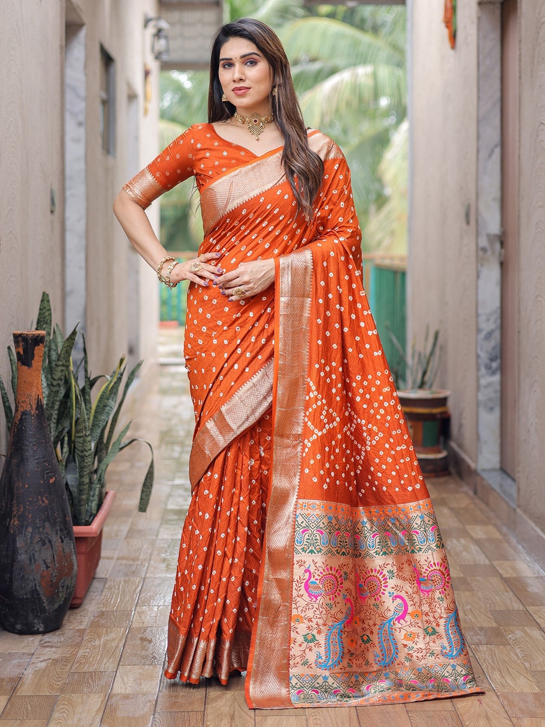 

Anaita Bandhani Zari Pure Silk Bandhani Saree, Orange