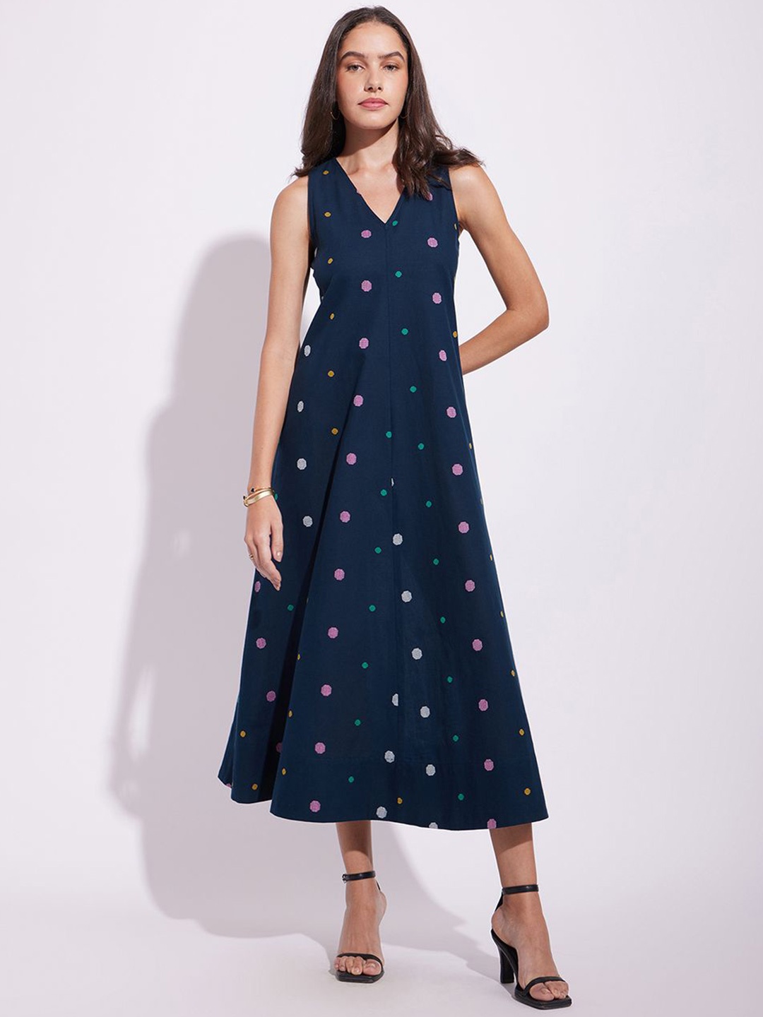 

Pink Fort Women Polka Dot Printed Sleeveless A-Line Dress, Navy blue